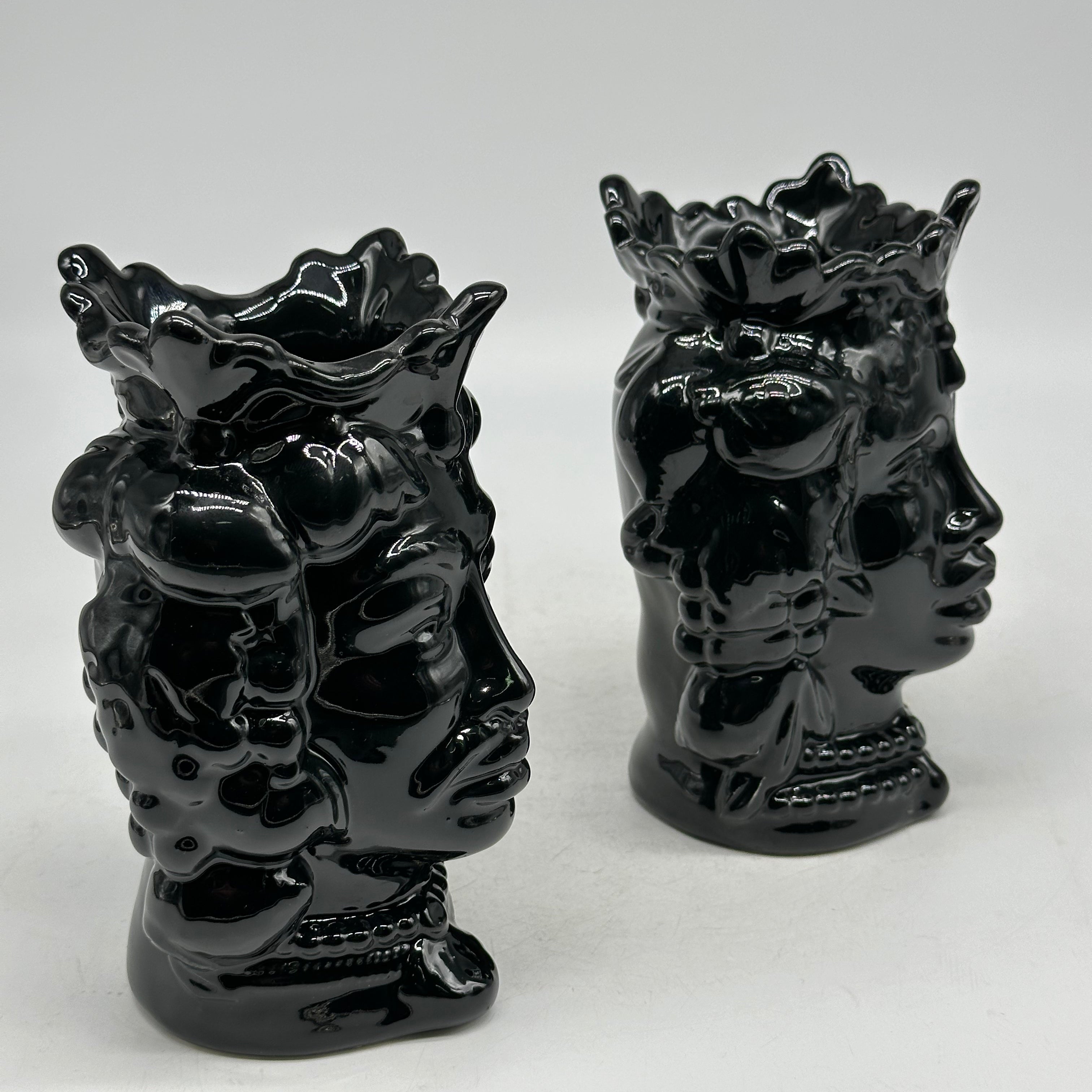 FINE SERIE - Coppia Teste di Moro Afro Frutta Ceramica Caltagirone cm H.18 L.12 Artigianale Nero - TESTE DI MORO
