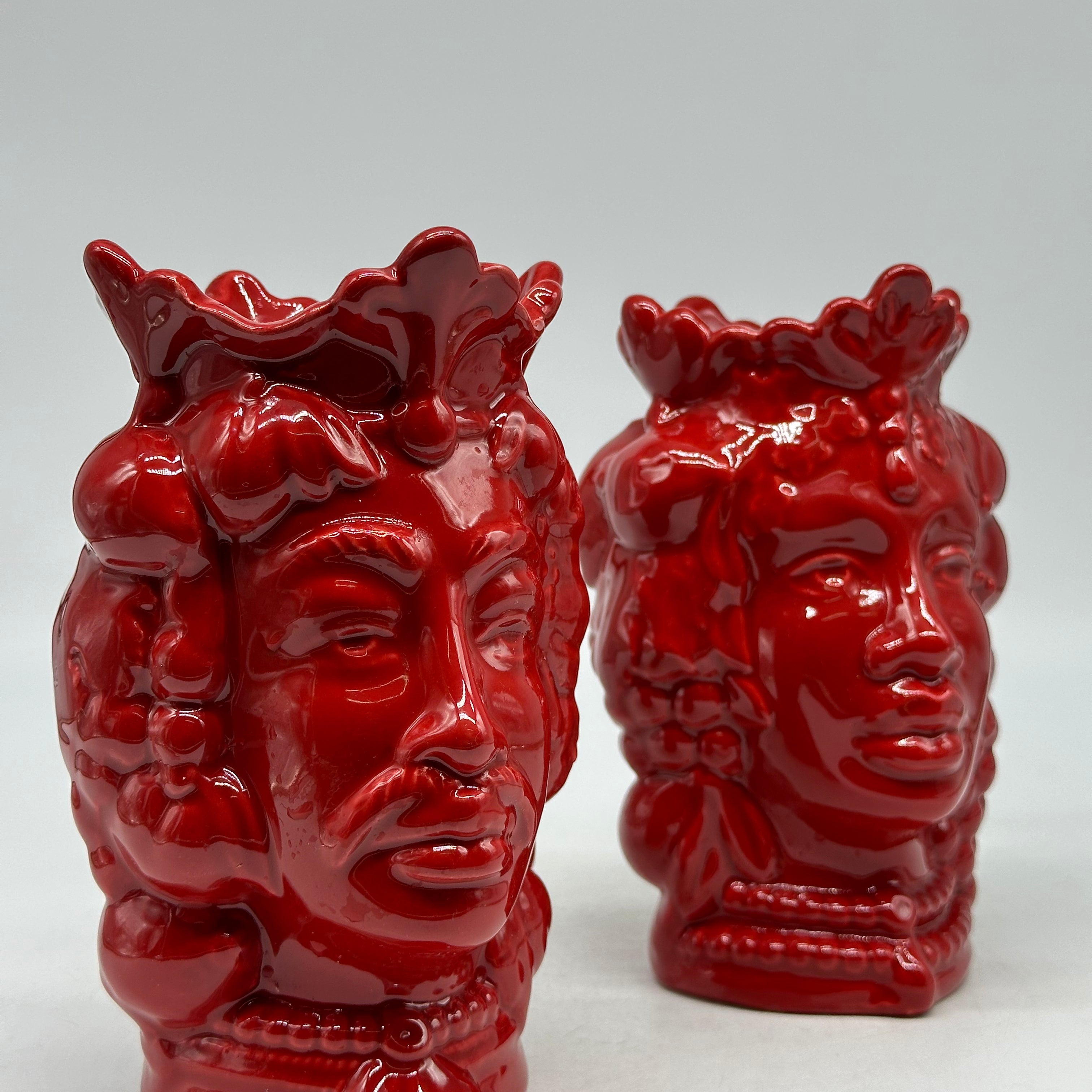 FINE SERIE - Coppia Teste di Moro Afro Frutta Ceramica Caltagirone cm H.18 L.12 Artigianale Rosso - TESTE DI MORO