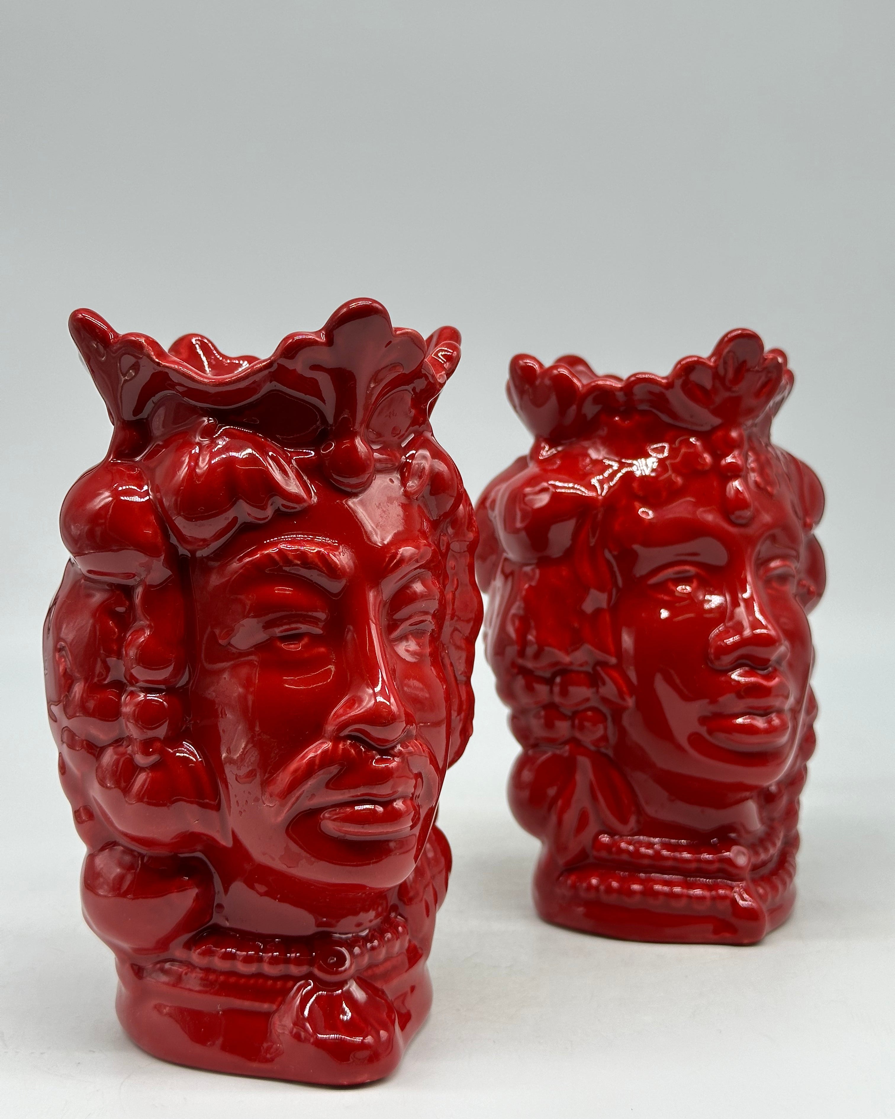 FINE SERIE - Coppia Teste di Moro Afro Frutta Ceramica Caltagirone cm H.18 L.12 Artigianale Rosso - TESTE DI MORO
