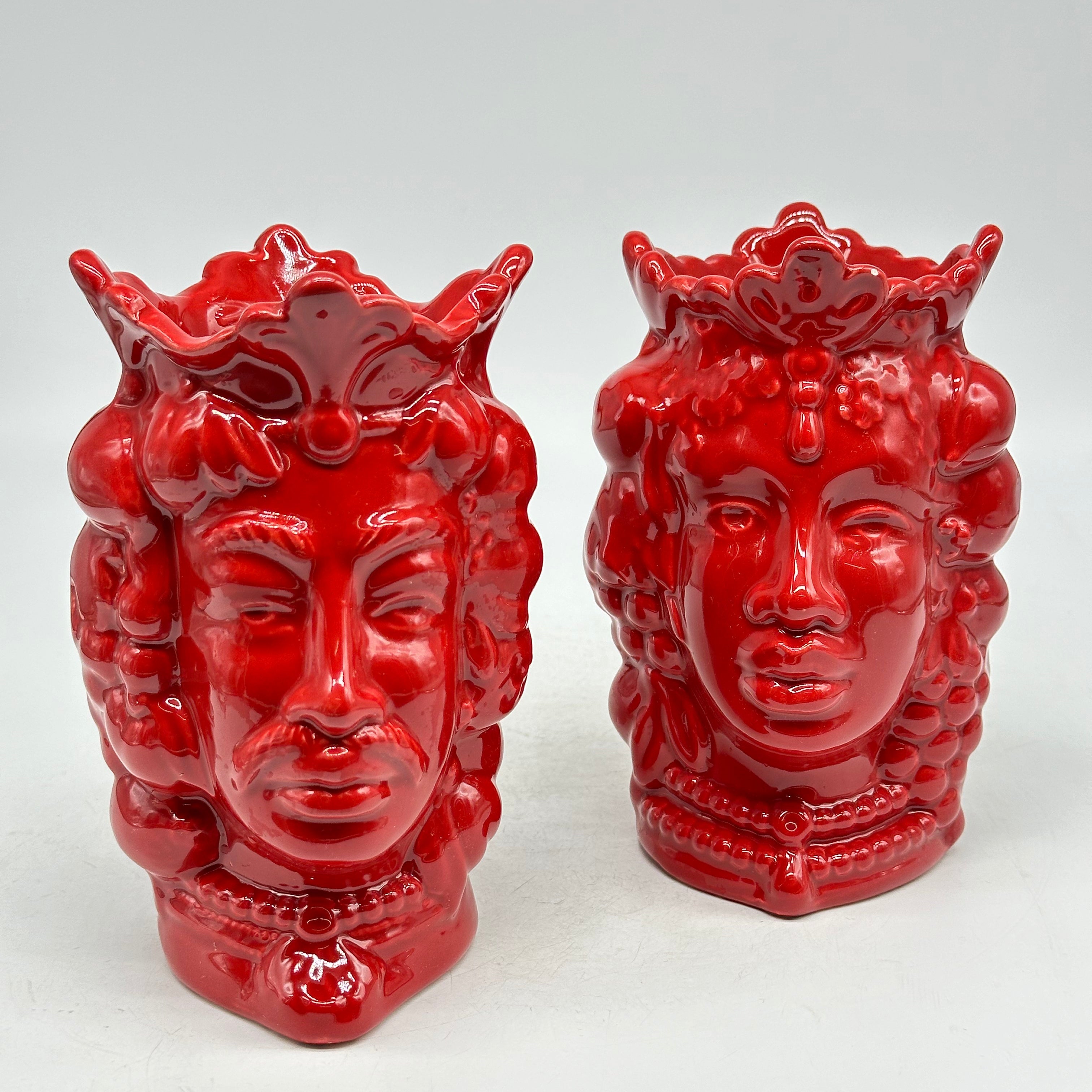 FINE SERIE - Coppia Teste di Moro Afro Frutta Ceramica Caltagirone cm H.18 L.12 Artigianale Rosso - TESTE DI MORO