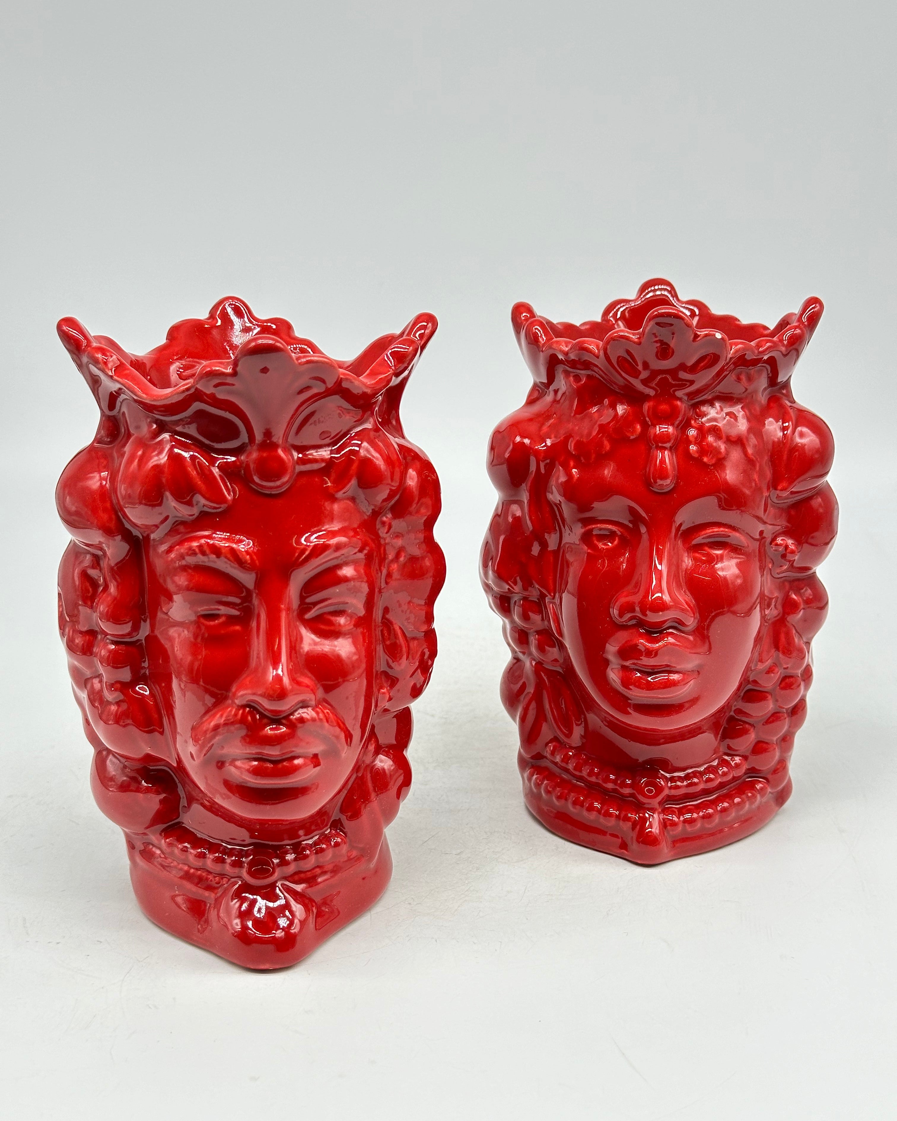 FINE SERIE - Coppia Teste di Moro Afro Frutta Ceramica Caltagirone cm H.18 L.12 Artigianale Rosso - TESTE DI MORO
