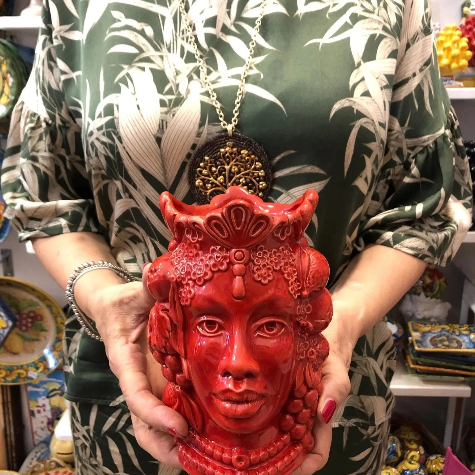 Teste di Moro Afro Frutta Ceramica Caltagirone cm H.18 L.12 Artigianale Rosso - DD CERAMICHE SICILIANE