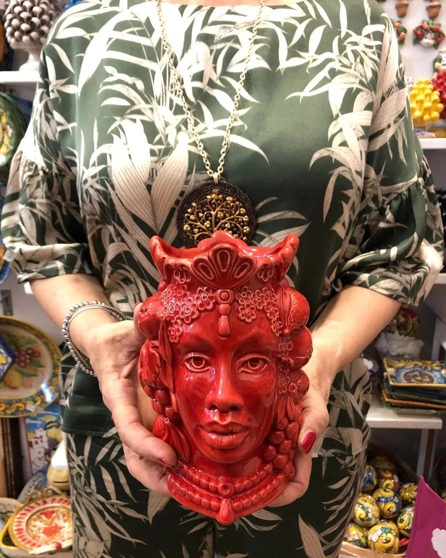 Teste di Moro Afro Frutta Ceramica Caltagirone cm H.18 L.12 Artigianale Rosso - DD CERAMICHE SICILIANE