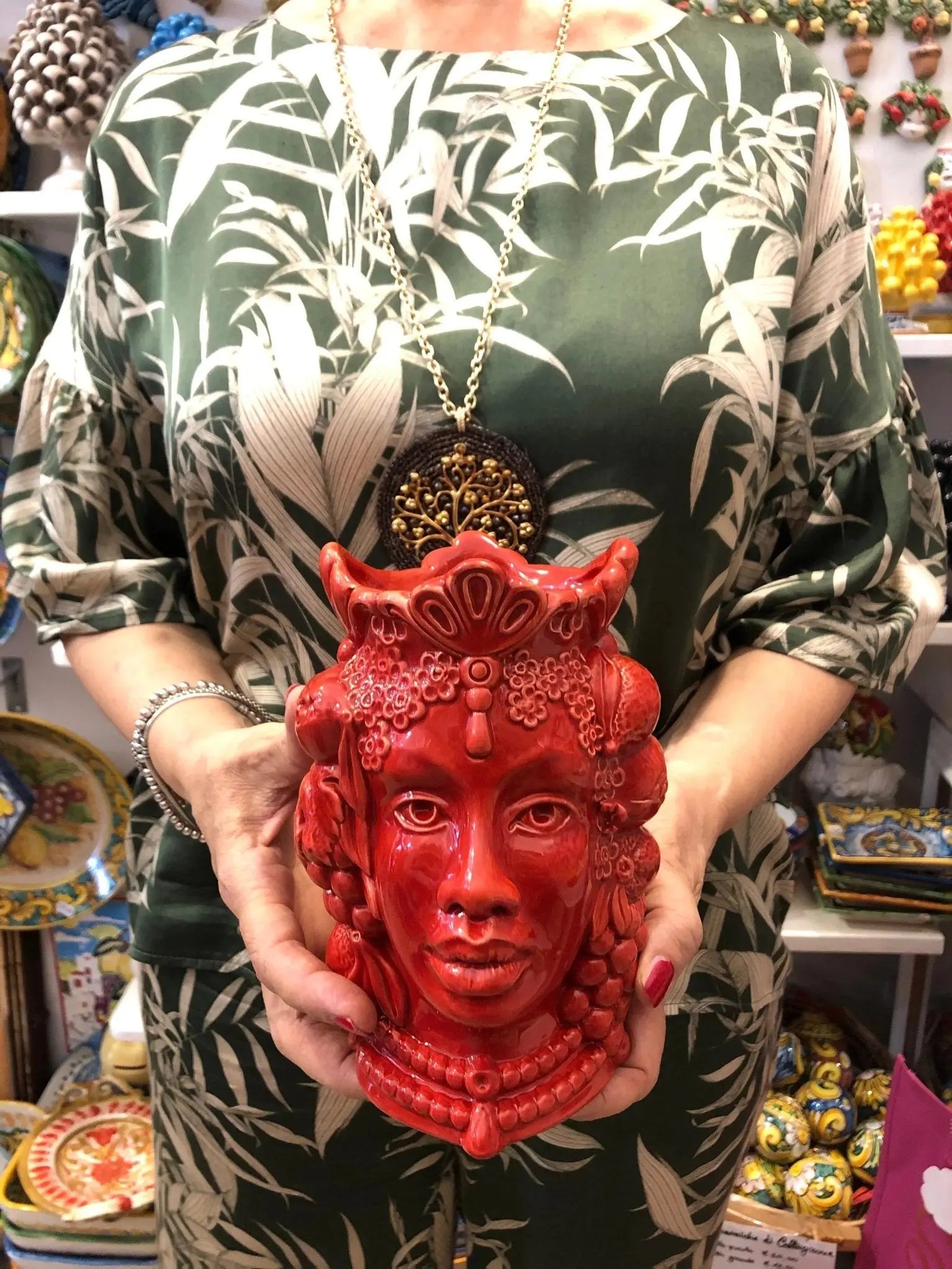 Teste di Moro Afro Frutta Ceramica Caltagirone cm H.18 L.12 Artigianale Rosso - DD CERAMICHE SICILIANE