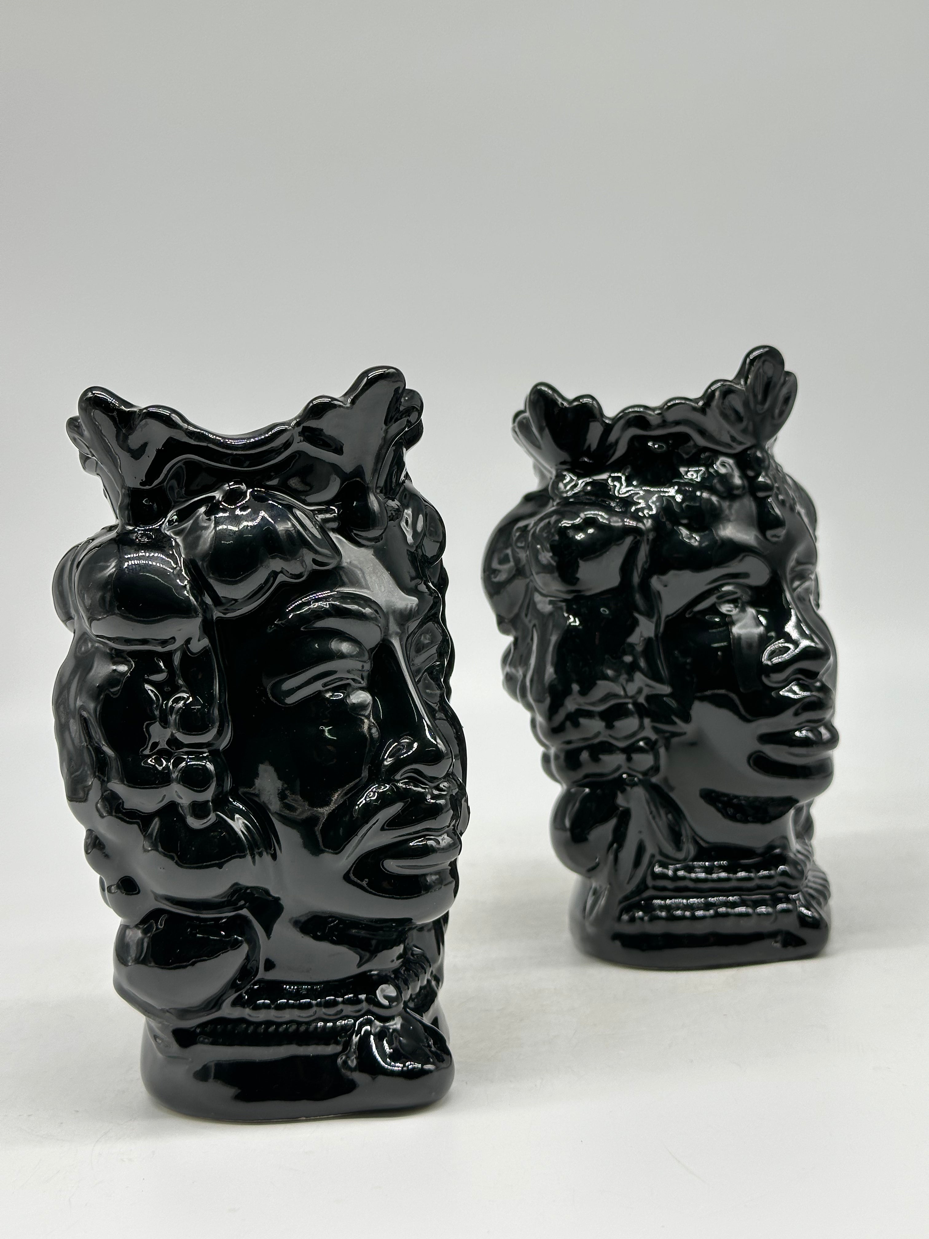 FINE SERIE - Coppia Teste di Moro Afro Frutta Ceramica Caltagirone cm H.18 L.12 Artigianale Nero - TESTE DI MORO