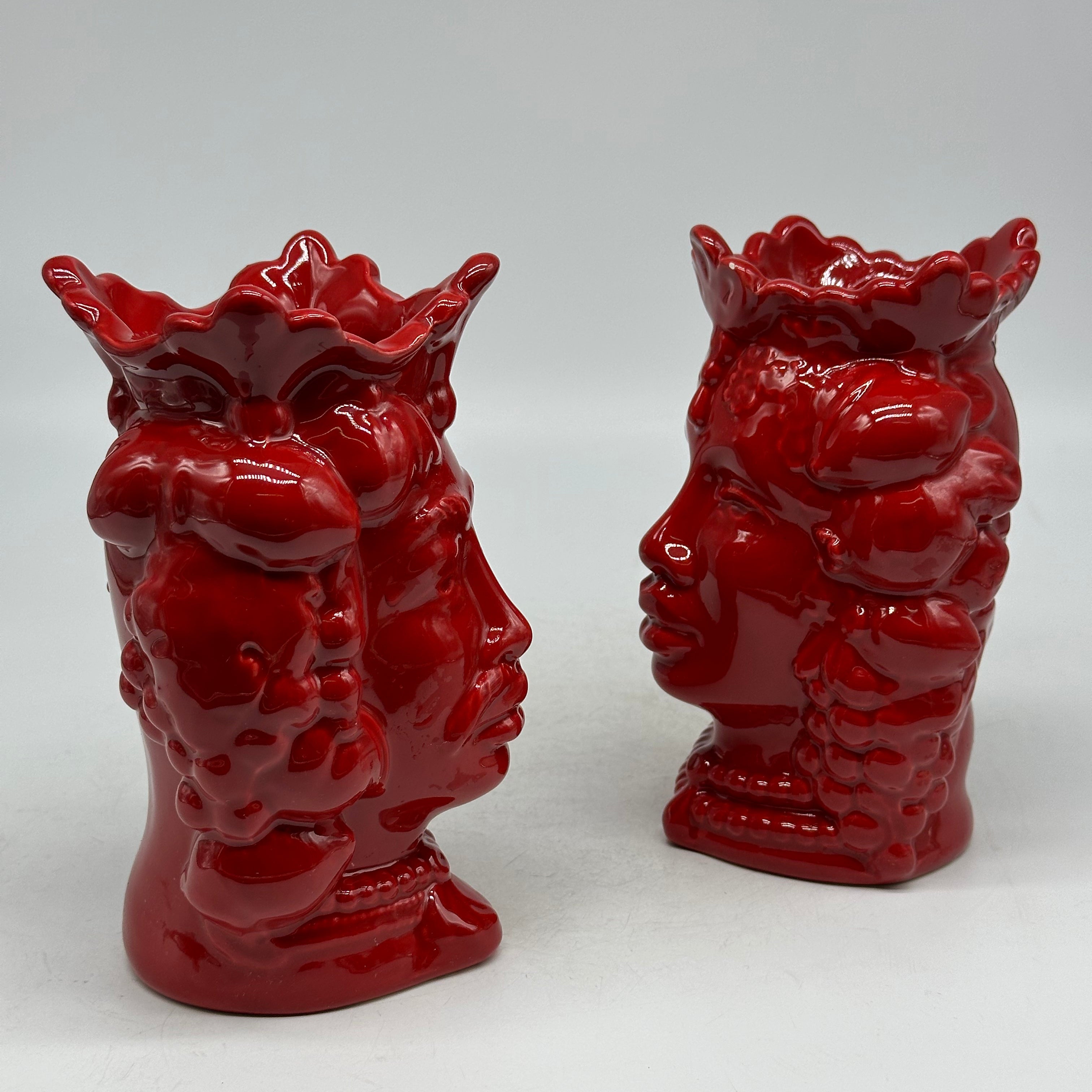 FINE SERIE - Coppia Teste di Moro Afro Frutta Ceramica Caltagirone cm H.18 L.12 Artigianale Rosso - TESTE DI MORO