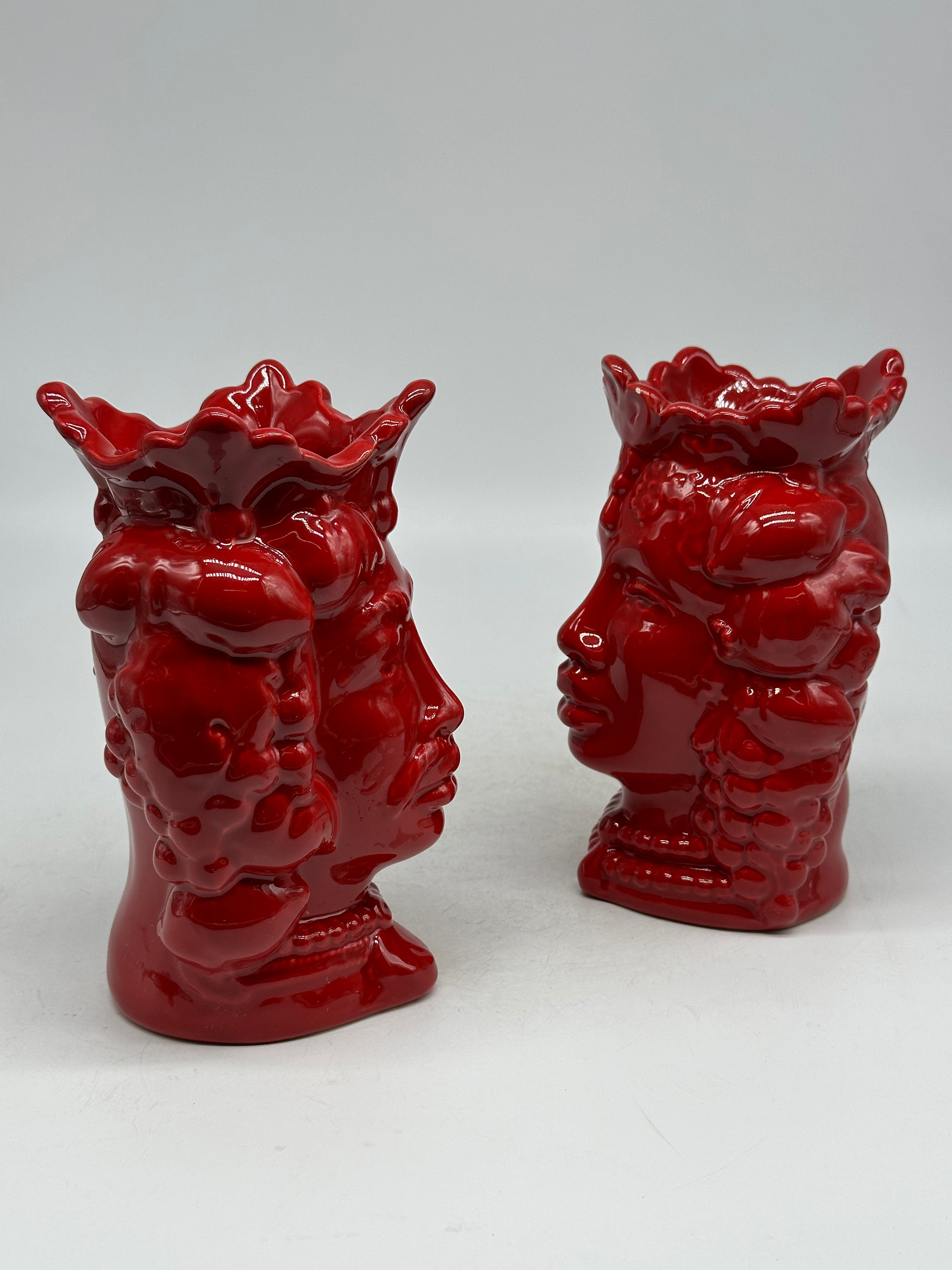 FINE SERIE - Coppia Teste di Moro Afro Frutta Ceramica Caltagirone cm H.18 L.12 Artigianale Rosso - TESTE DI MORO