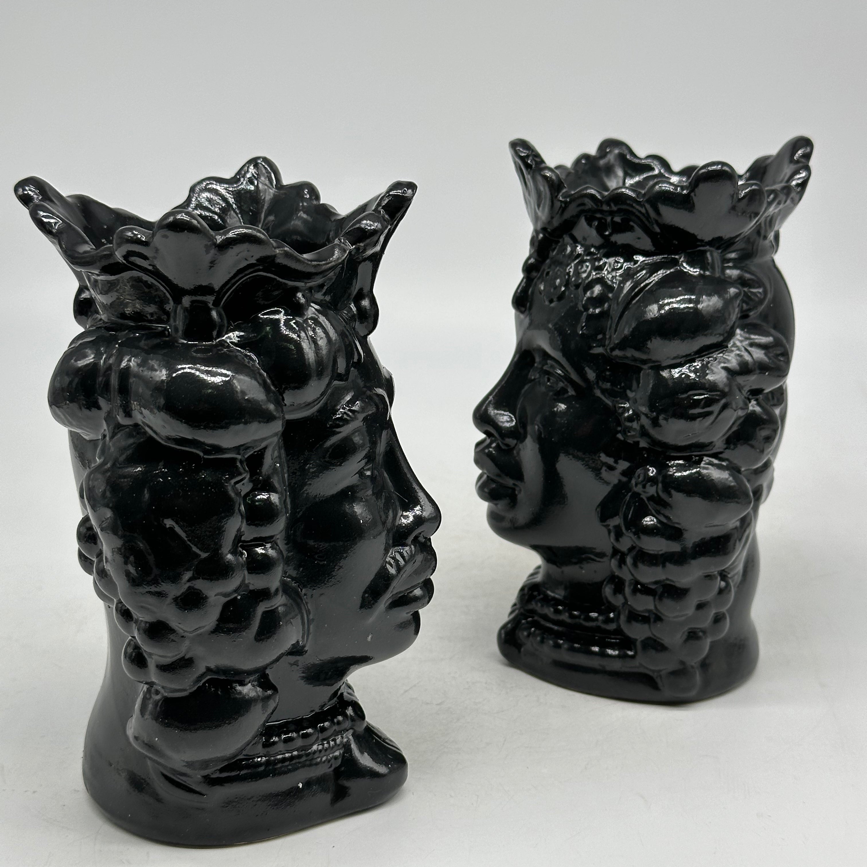 FINE SERIE - Coppia Teste di Moro Afro Frutta Ceramica Caltagirone cm H.18 L.12 Artigianale Grigio Scuro - TESTE DI MORO