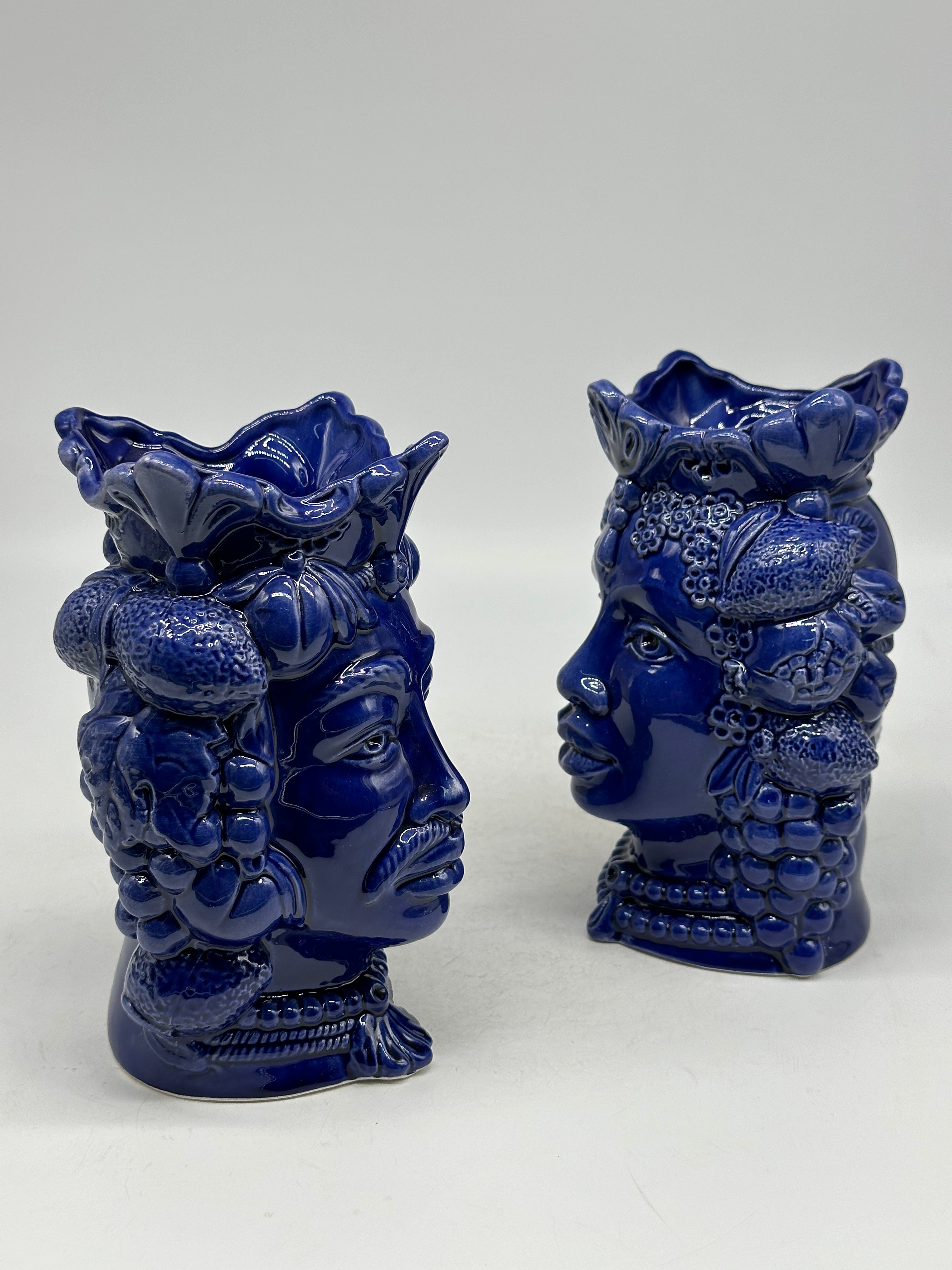 FINE SERIE - Coppia Teste di Moro Afro Frutta Ceramica Caltagirone cm H.18 L.12 Artigianale Blu - TESTE DI MORO