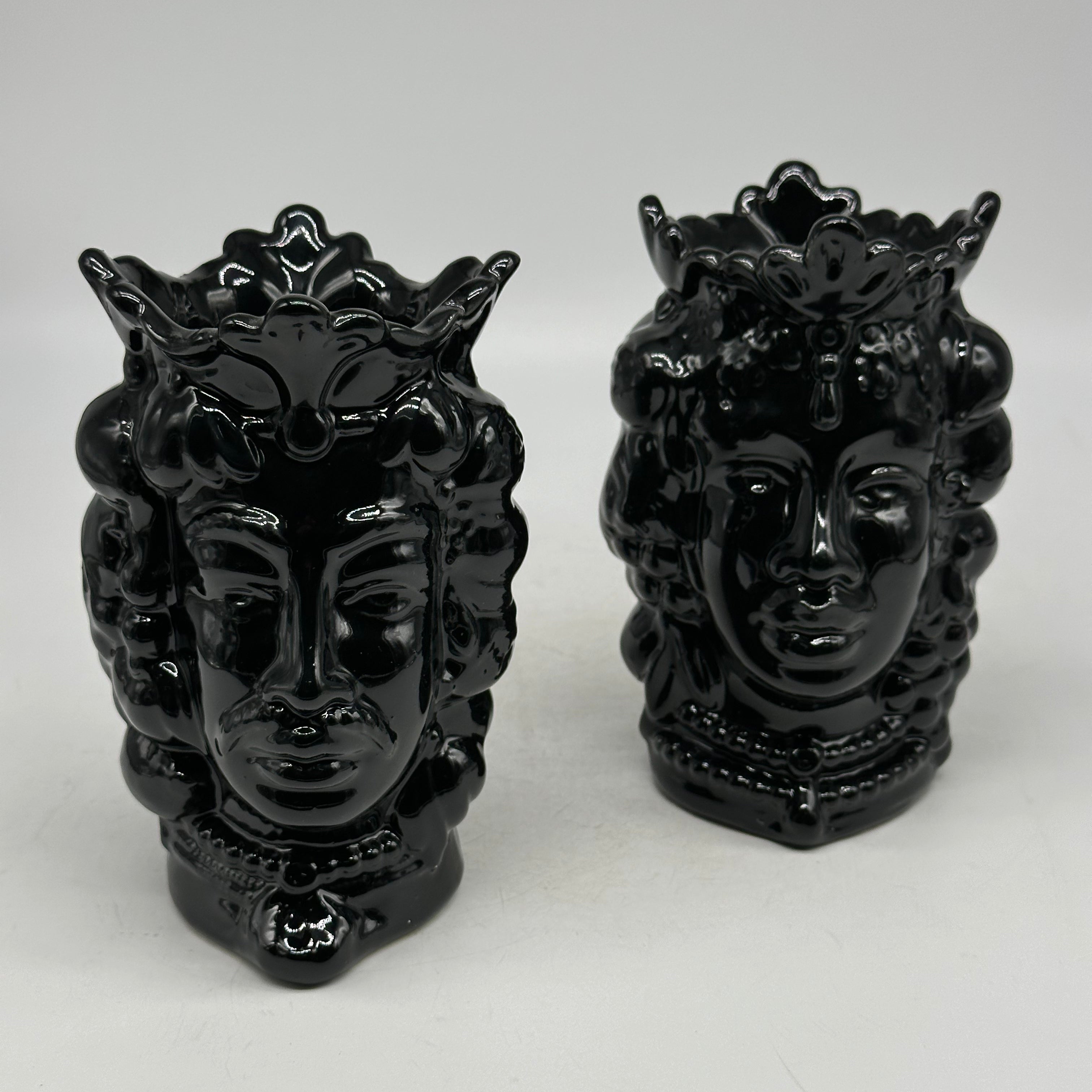 FINE SERIE - Coppia Teste di Moro Afro Frutta Ceramica Caltagirone cm H.18 L.12 Artigianale Nero - TESTE DI MORO