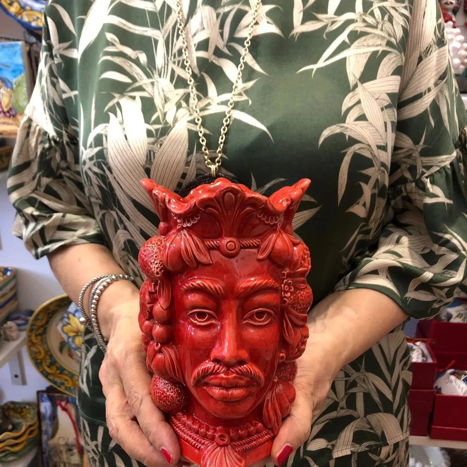 Teste di Moro Afro Frutta Ceramica Caltagirone cm H.18 L.12 Artigianale Rosso - DD CERAMICHE SICILIANE