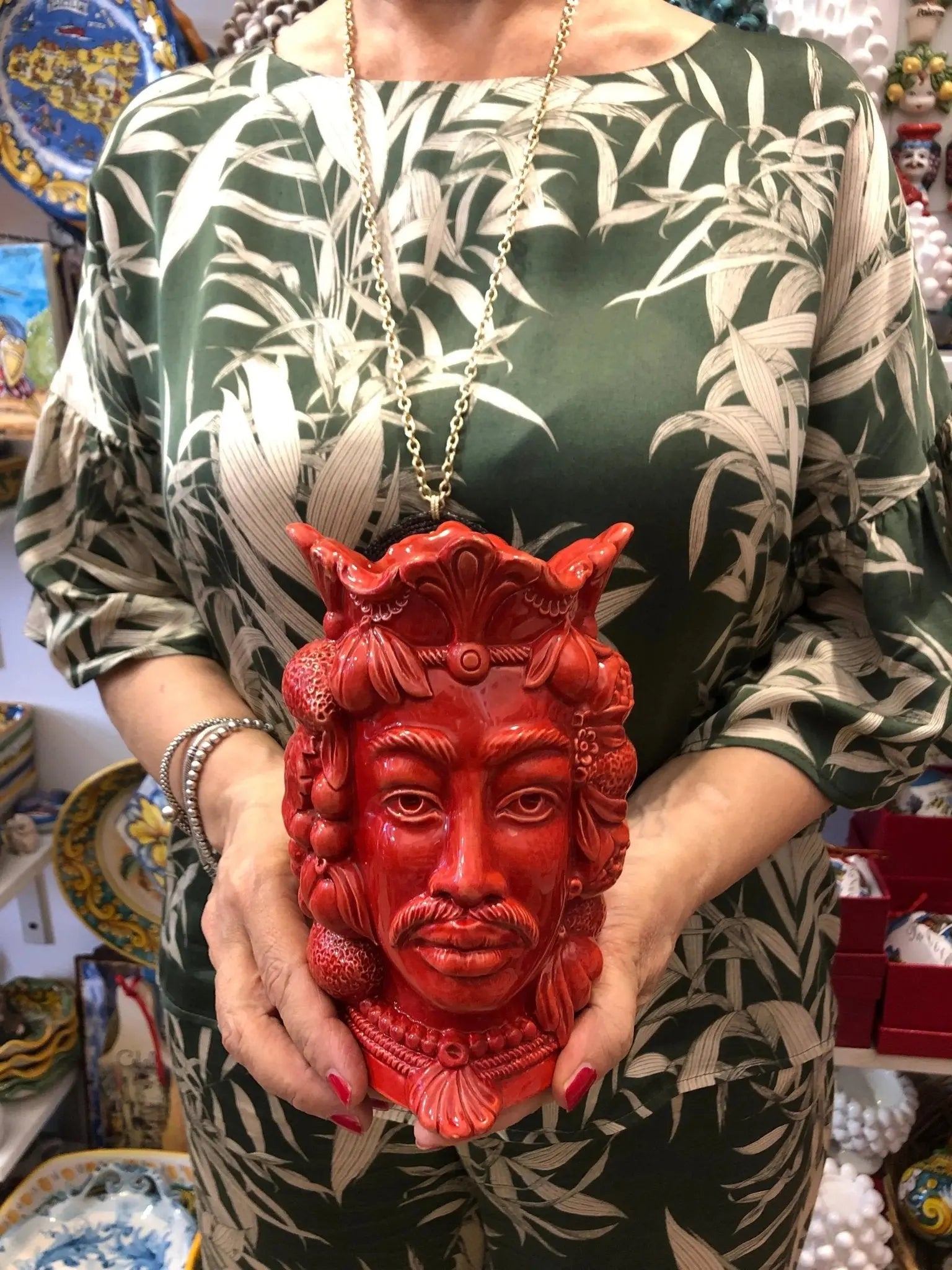 Teste di Moro Afro Frutta Ceramica Caltagirone cm H.18 L.12 Artigianale Rosso - DD CERAMICHE SICILIANE