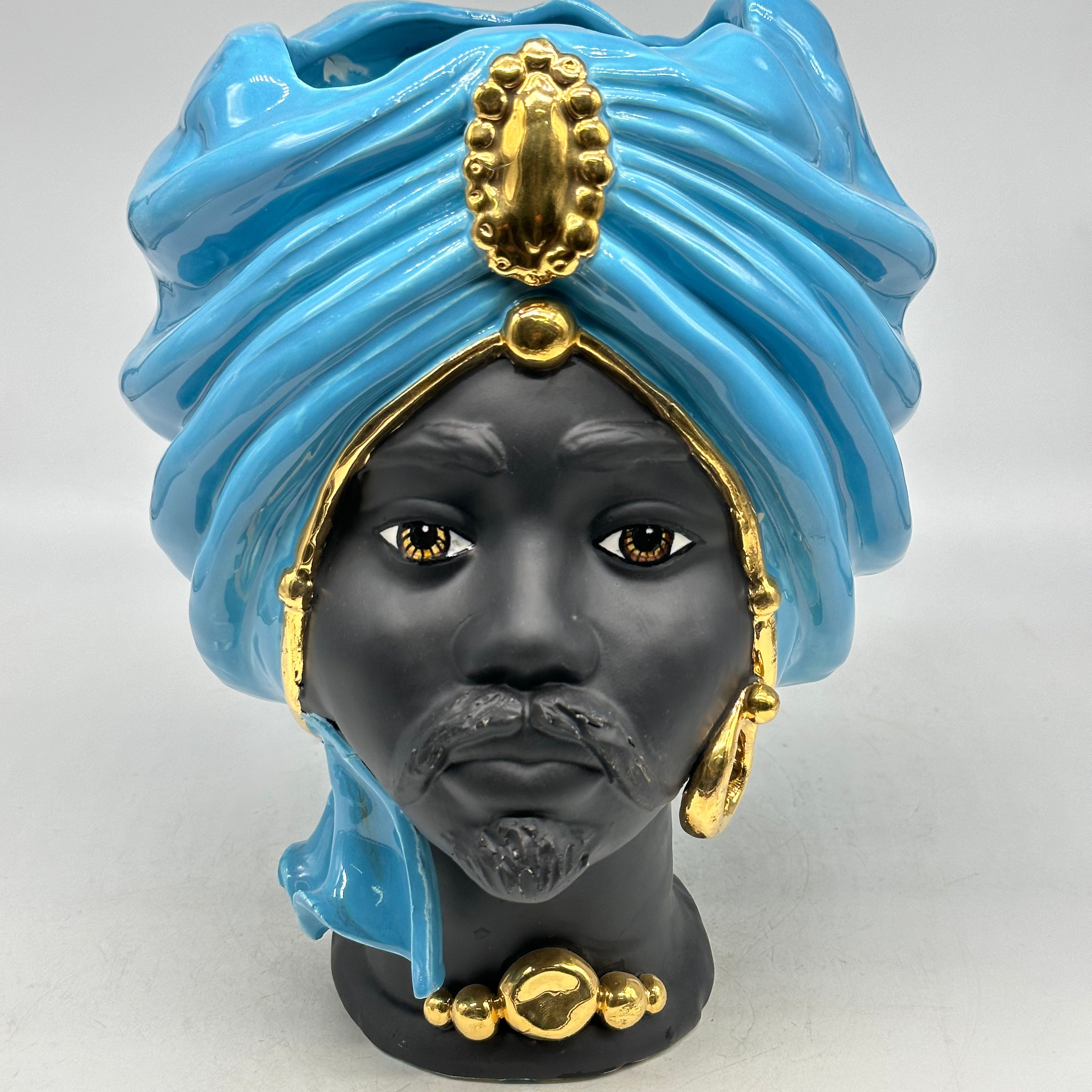 FINE SERIE - Coppia Teste di Moro Atena Ceramica Caltagirone cm H.30 L.23 Artigianale Opaco Celeste Oro - TESTE DI MORO