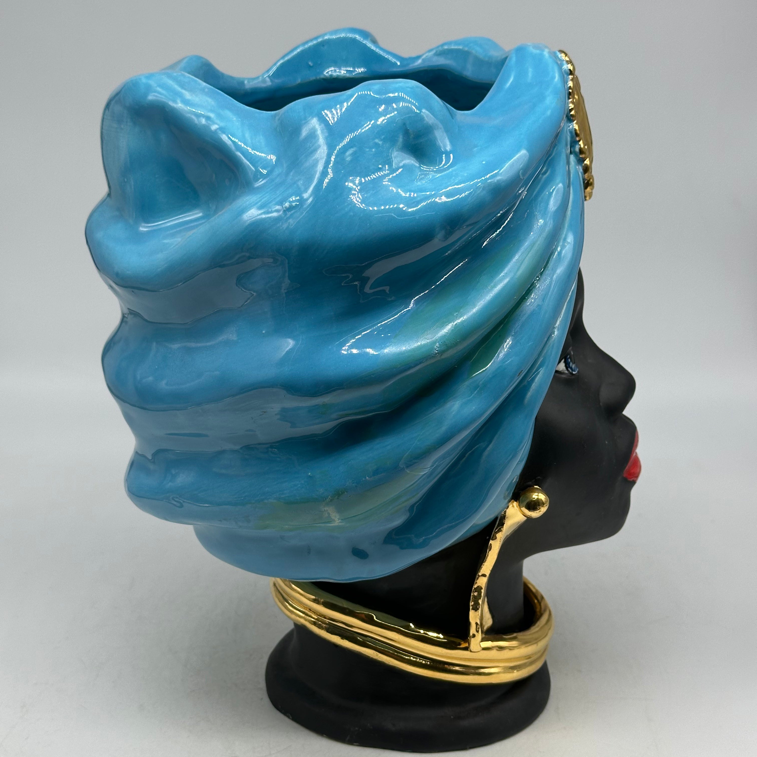 FINE SERIE - Coppia Teste di Moro Atena Ceramica Caltagirone cm H.30 L.23 Artigianale Opaco Celeste Oro - TESTE DI MORO