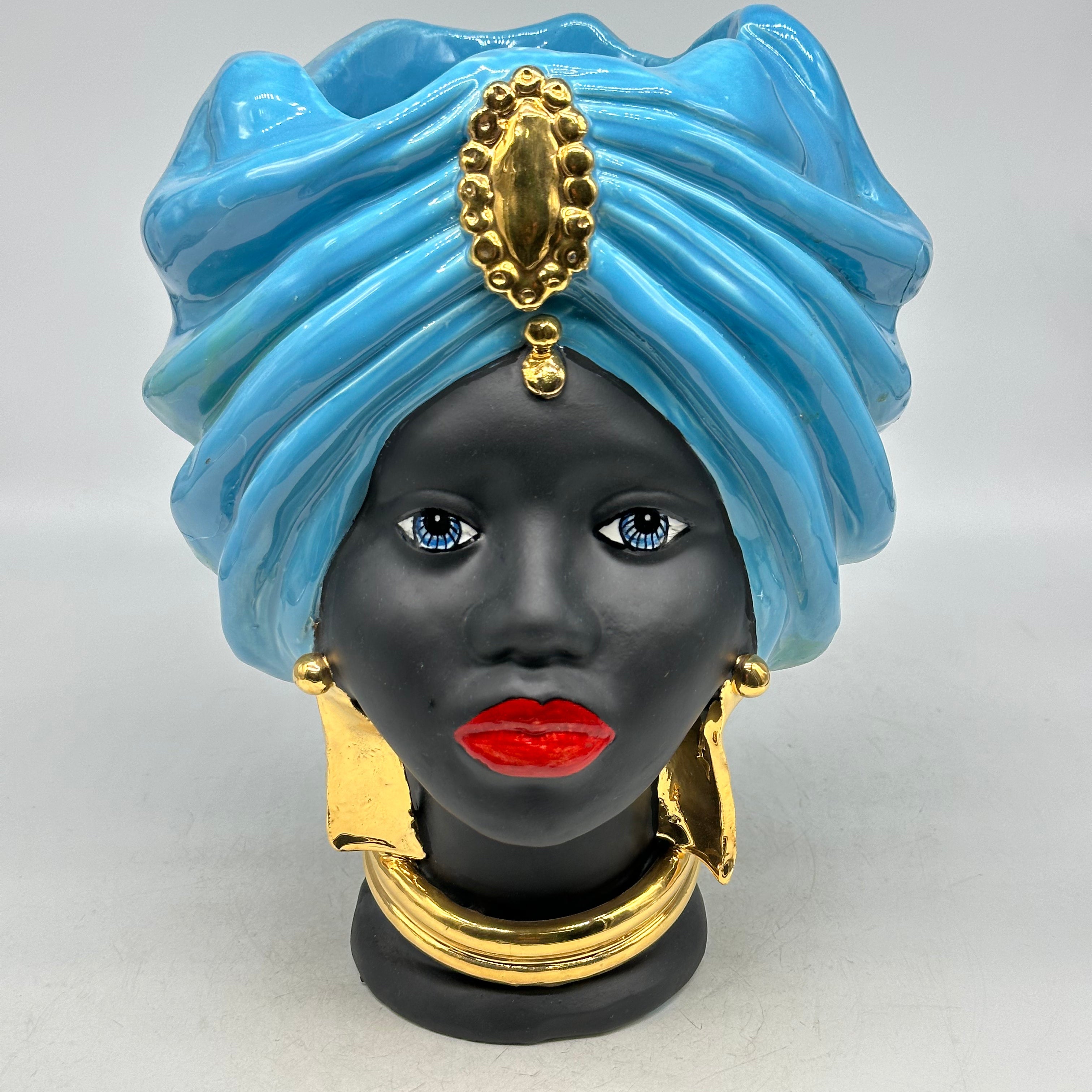 FINE SERIE - Coppia Teste di Moro Atena Ceramica Caltagirone cm H.30 L.23 Artigianale Opaco Celeste Oro - TESTE DI MORO