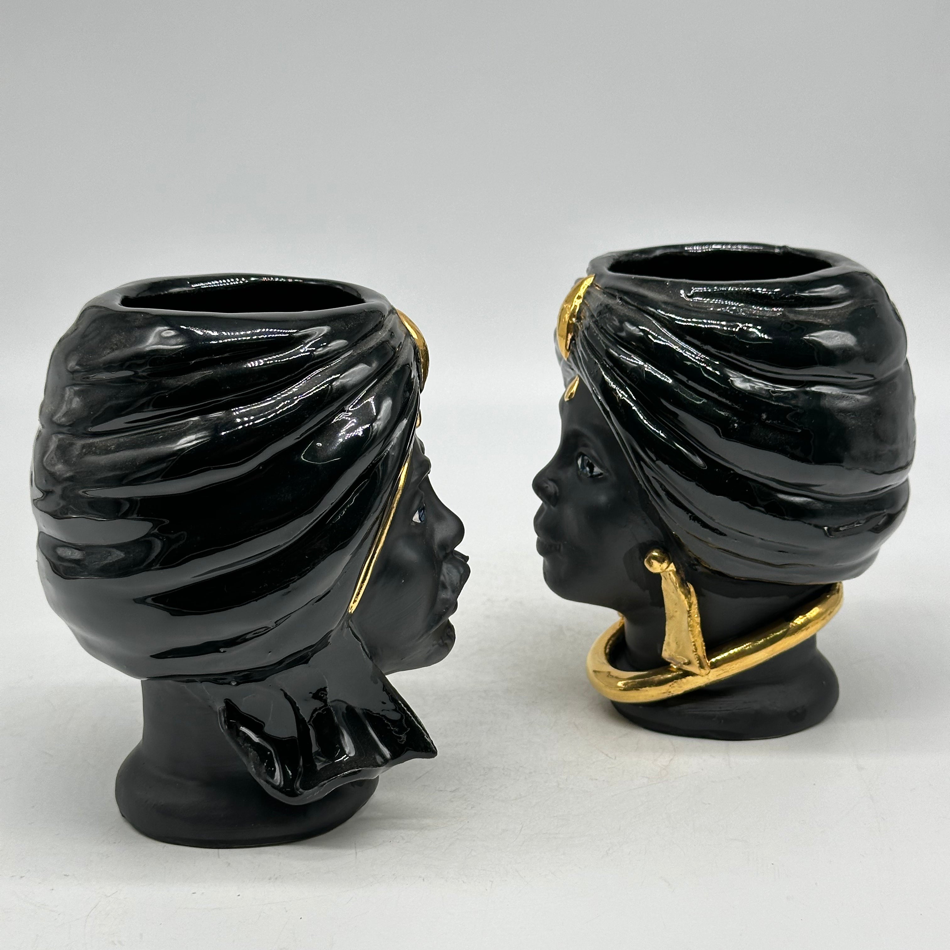 FINE SERIE - Coppia Teste di Moro Atena MINI Ceramica Caltagirone cm H.15 L.11 Artigianale Nero Opaco Oro - TESTE