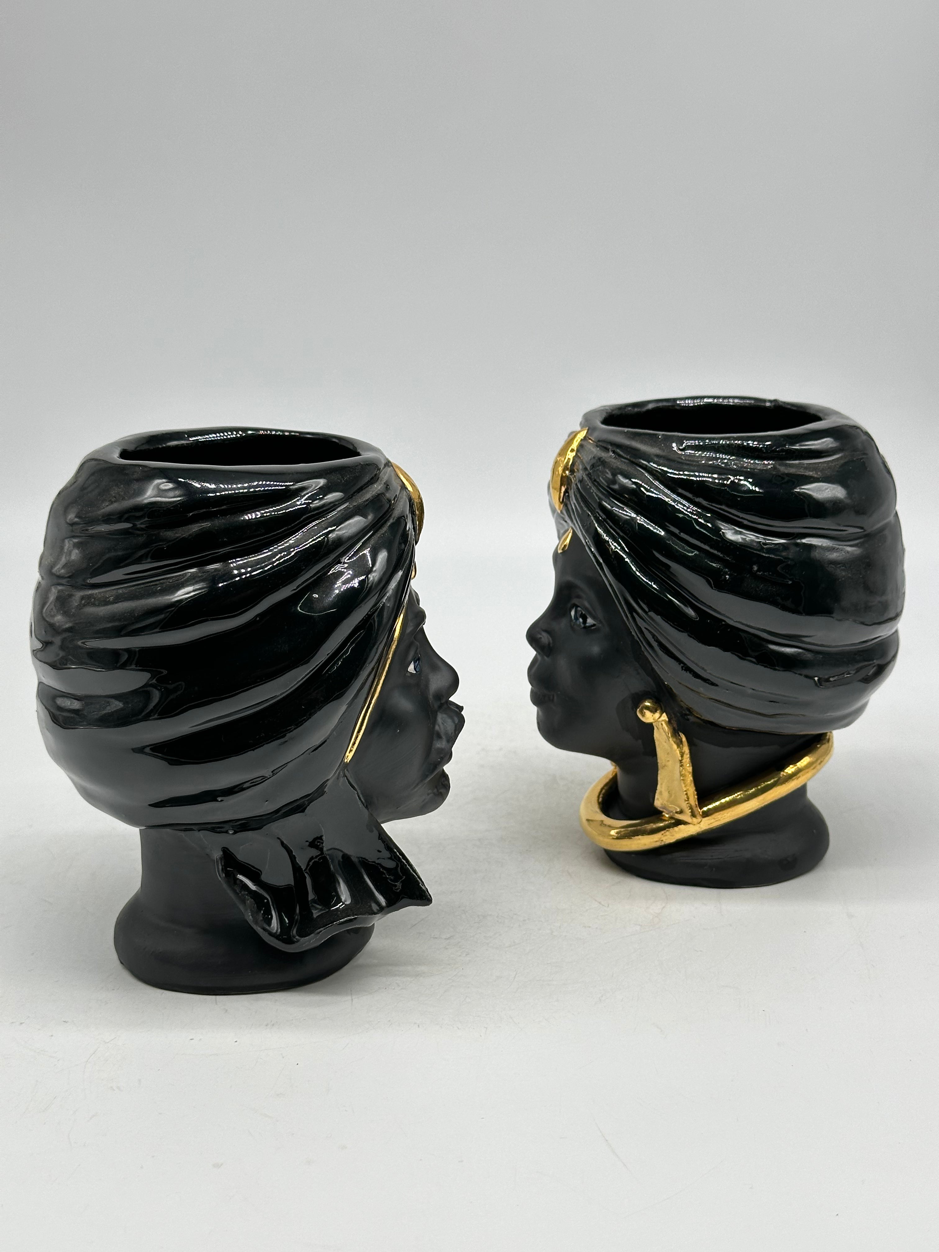 FINE SERIE - Coppia Teste di Moro Atena MINI Ceramica Caltagirone cm H.15 L.11 Artigianale Nero Opaco Oro - TESTE