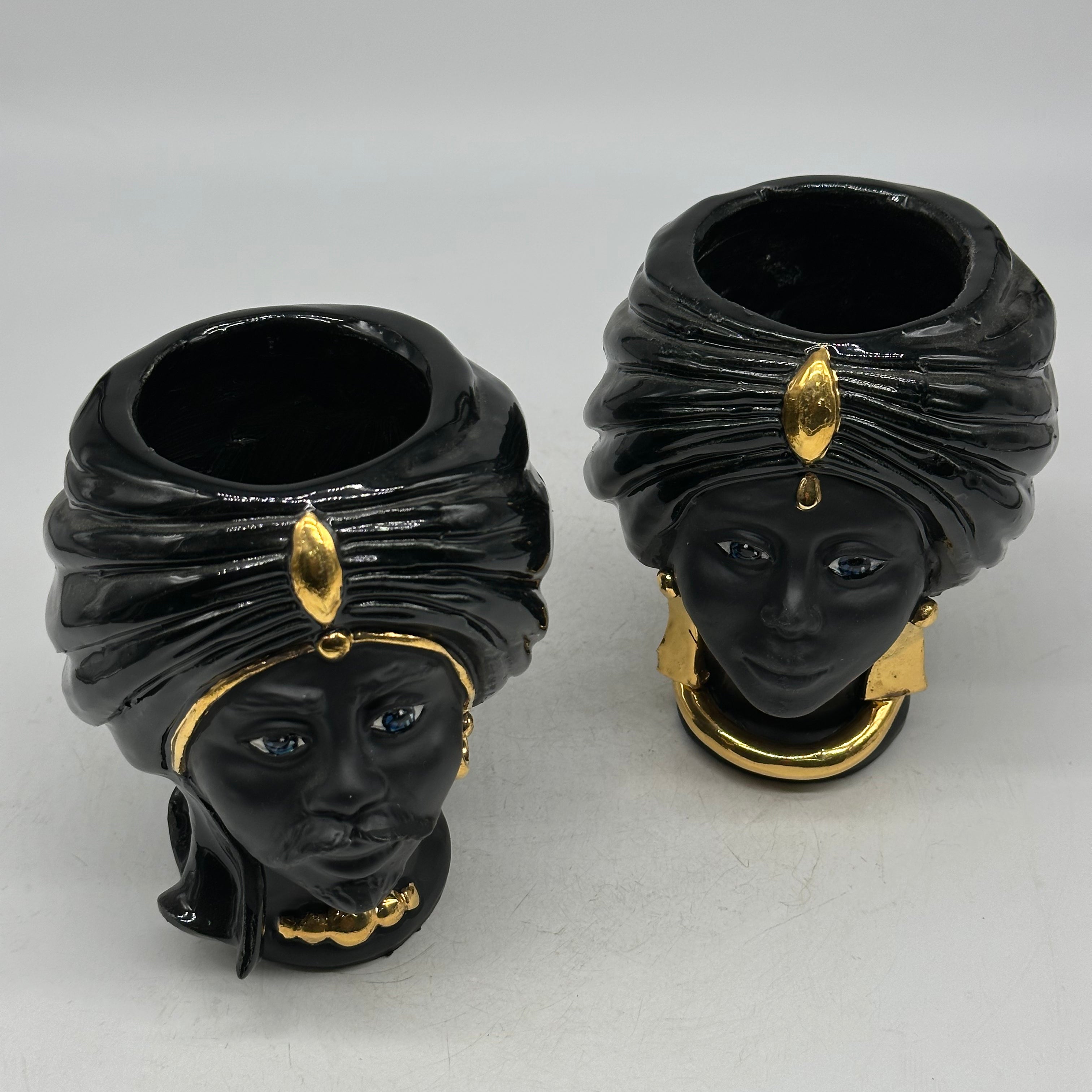 FINE SERIE - Coppia Teste di Moro Atena MINI Ceramica Caltagirone cm H.15 L.11 Artigianale Nero Opaco Oro - TESTE