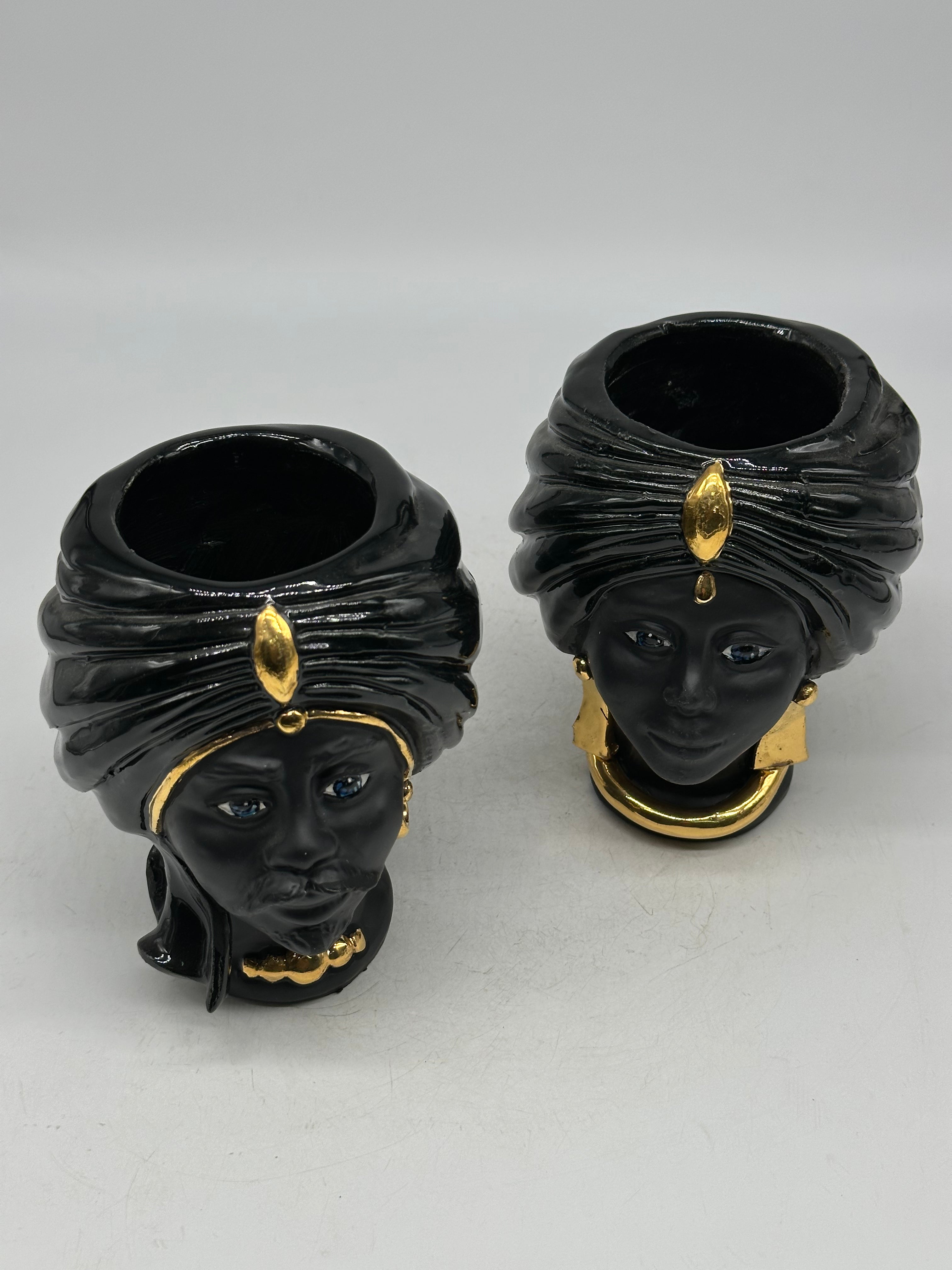 FINE SERIE - Coppia Teste di Moro Atena MINI Ceramica Caltagirone cm H.15 L.11 Artigianale Nero Opaco Oro - TESTE