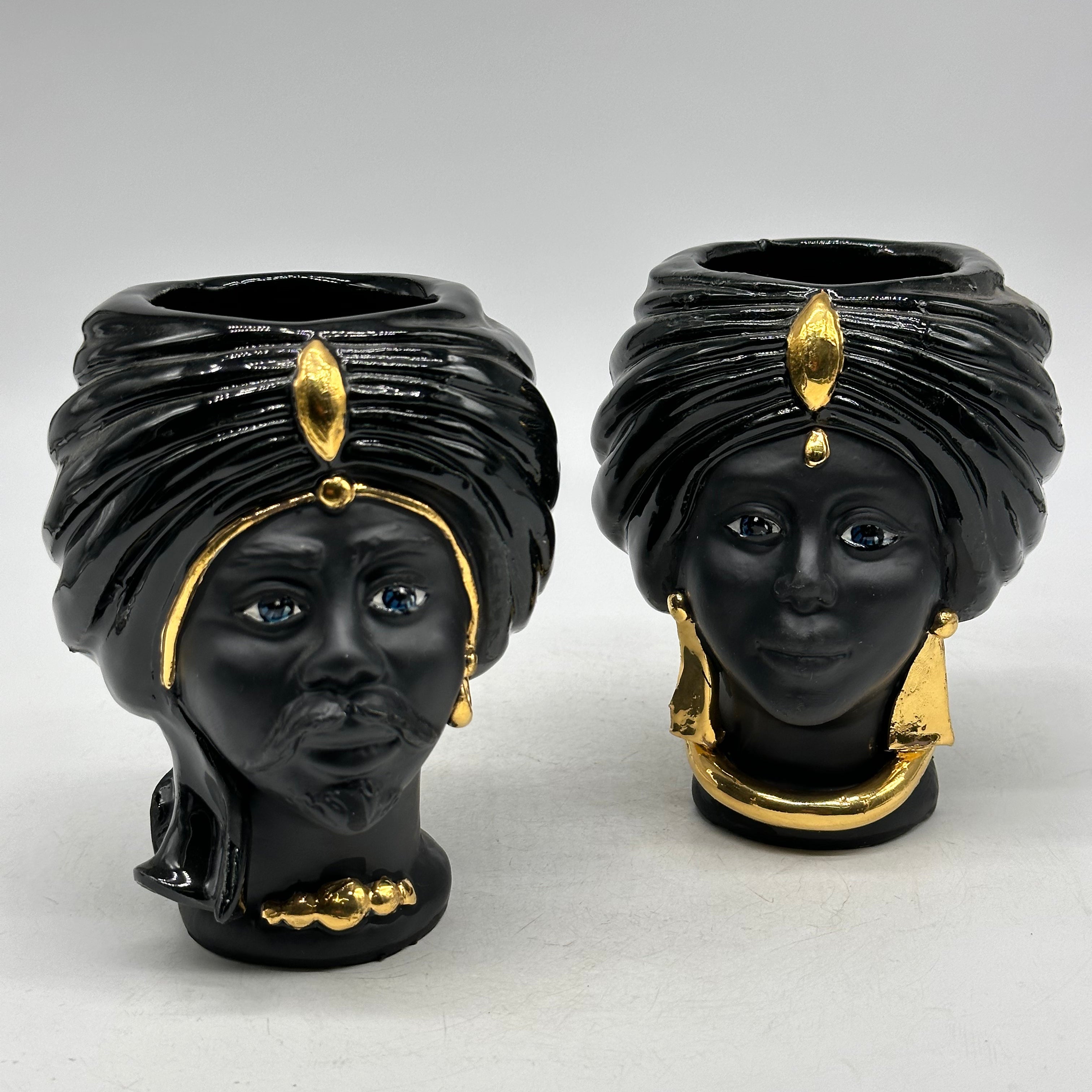 FINE SERIE - Coppia Teste di Moro Atena MINI Ceramica Caltagirone cm H.15 L.11 Artigianale Nero Opaco Oro - TESTE