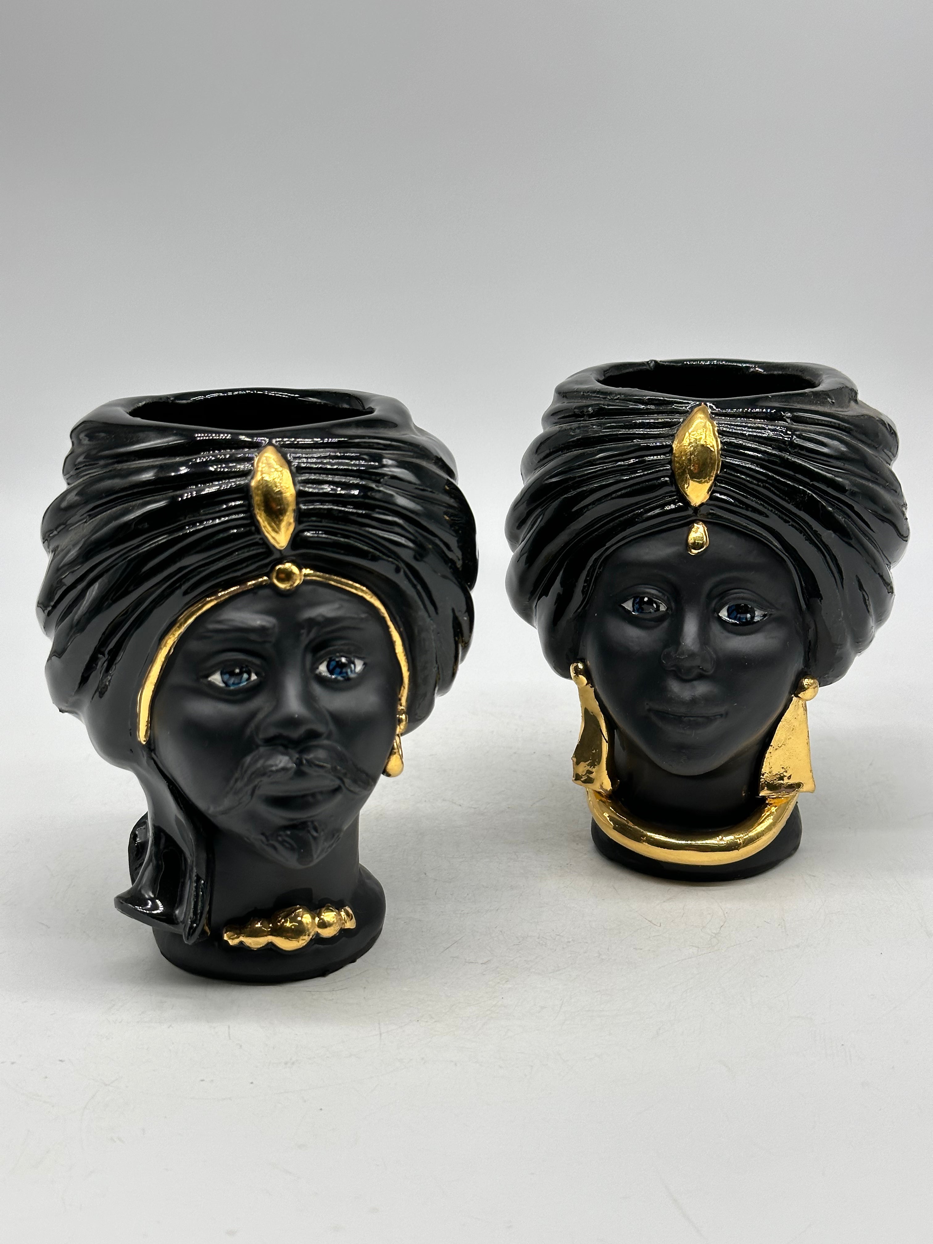 FINE SERIE - Coppia Teste di Moro Atena MINI Ceramica Caltagirone cm H.15 L.11 Artigianale Nero Opaco Oro - TESTE