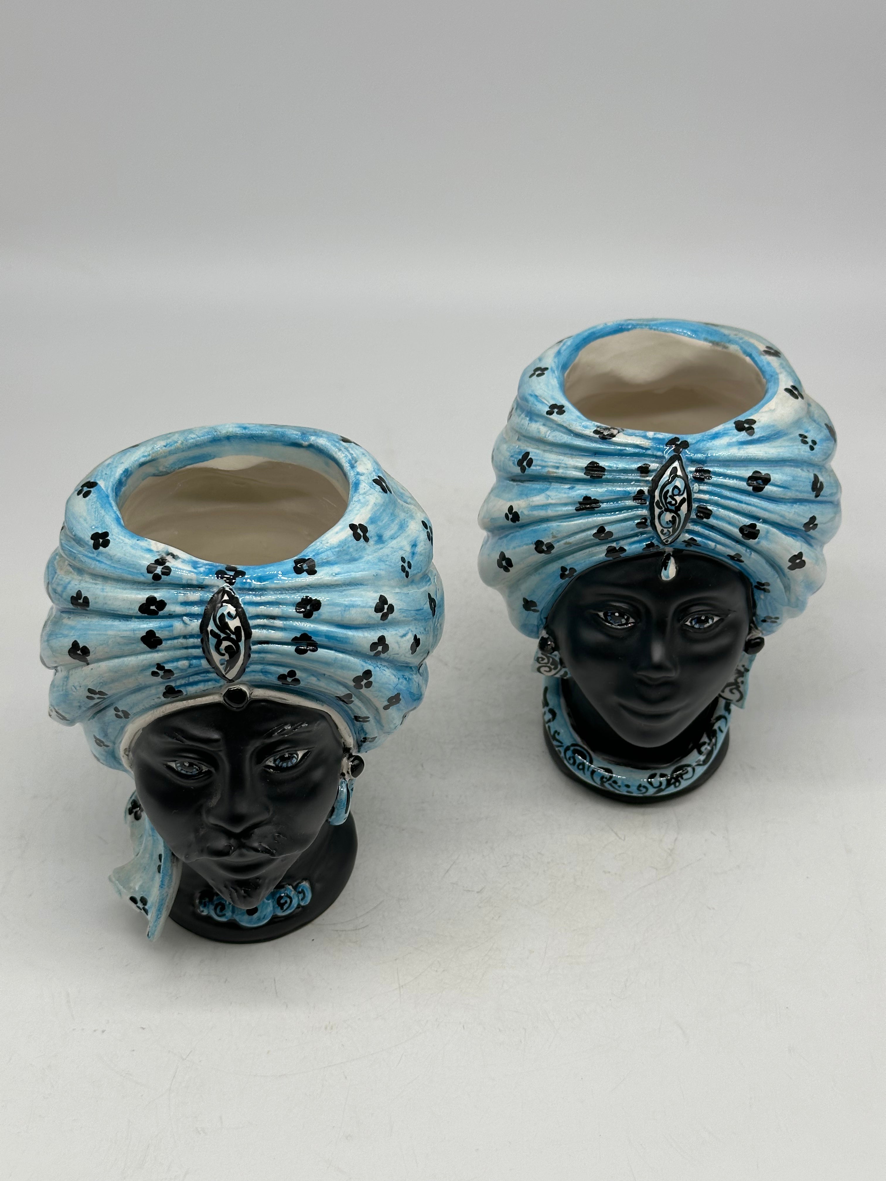 FINE SERIE - Coppia Teste di Moro Atena MINI Ceramica Caltagirone cm H.15 L.11 Artigianale Celeste Nero Opaco - TESTE