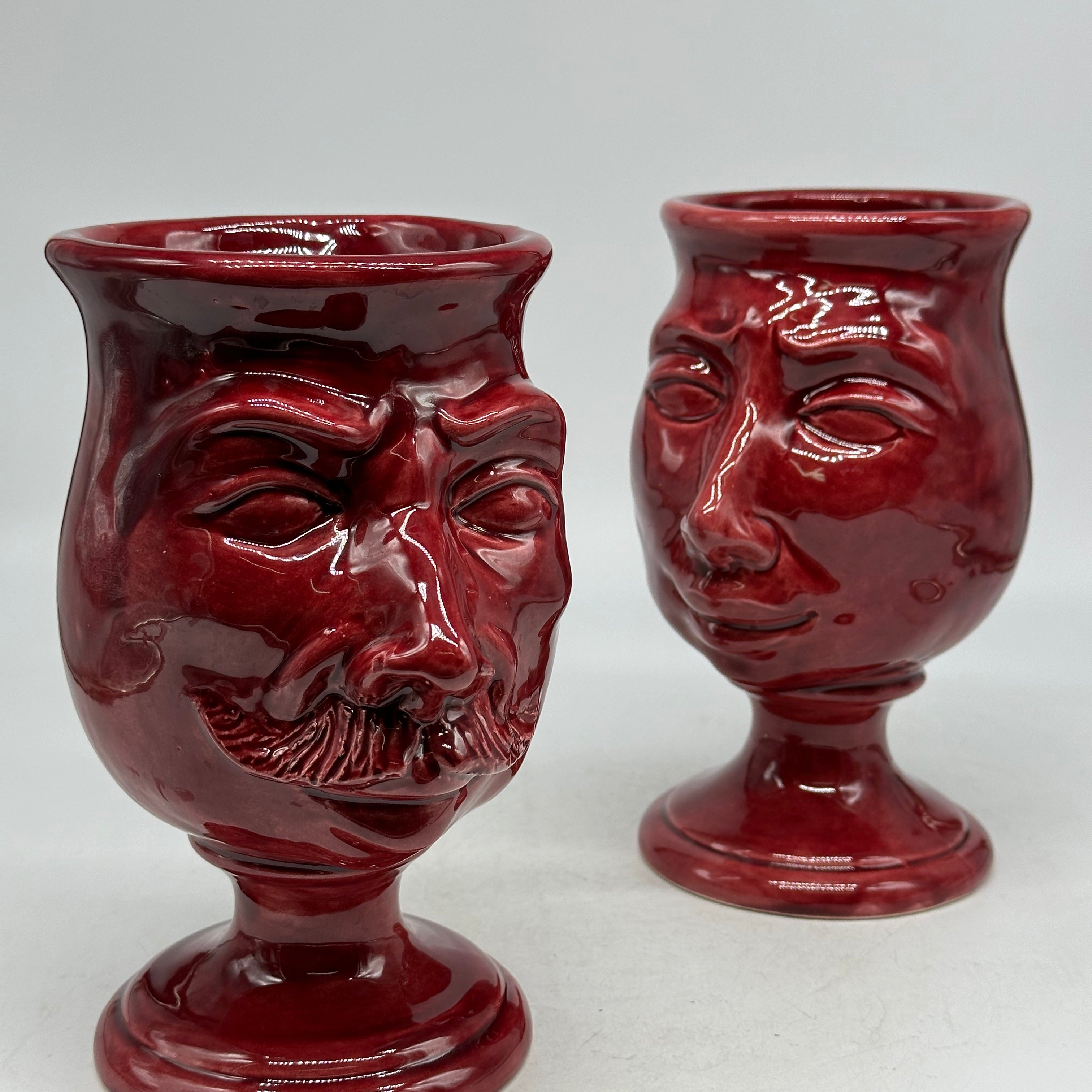 FINE SERIE - Coppia Teste di Moro Simpatiche Ceramica Caltagirone cm H.20 L.12 Artigianale Bordeaux - TESTE DI MORO