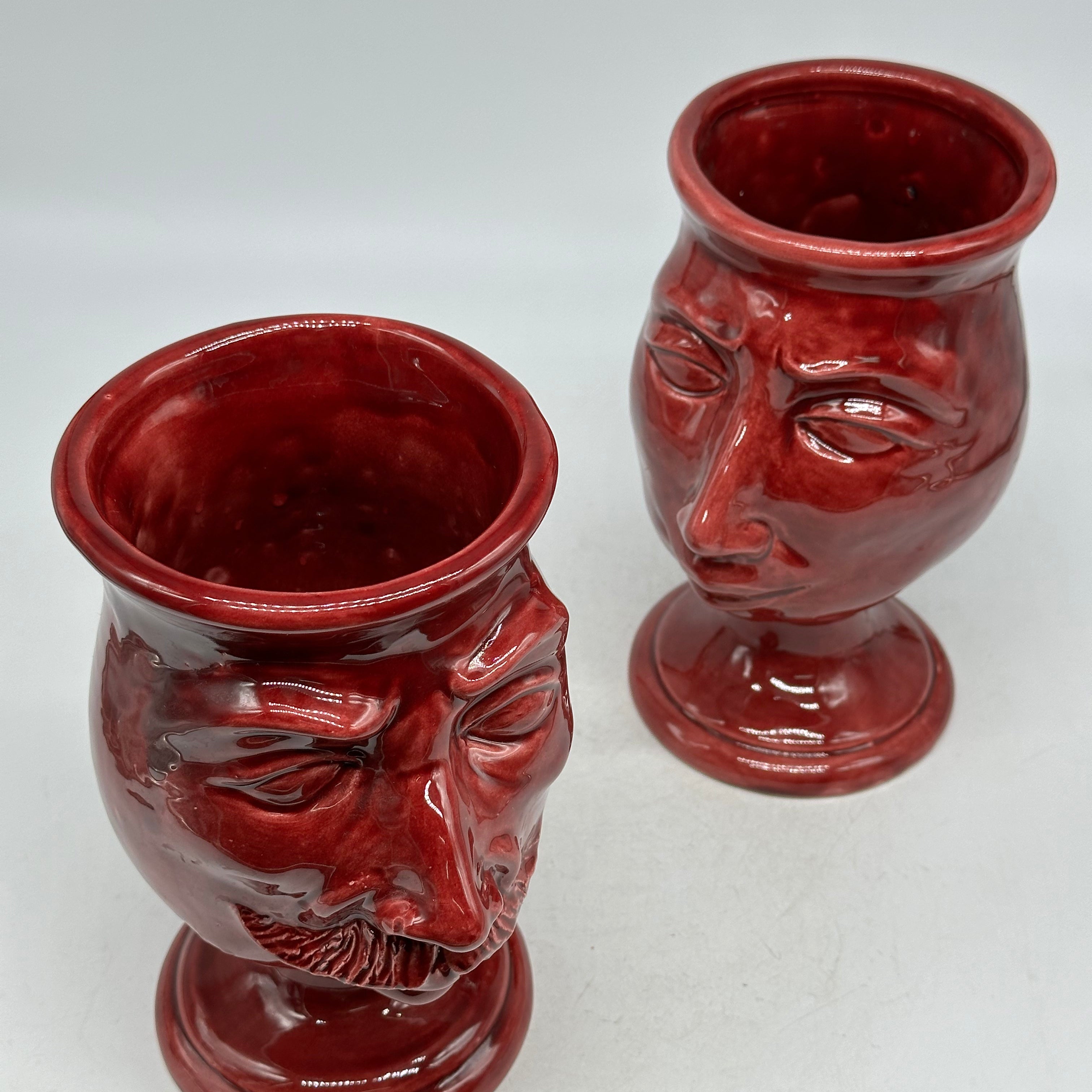 FINE SERIE - Coppia Teste di Moro Simpatiche Ceramica Caltagirone cm H.20 L.12 Artigianale Bordeaux - TESTE DI MORO