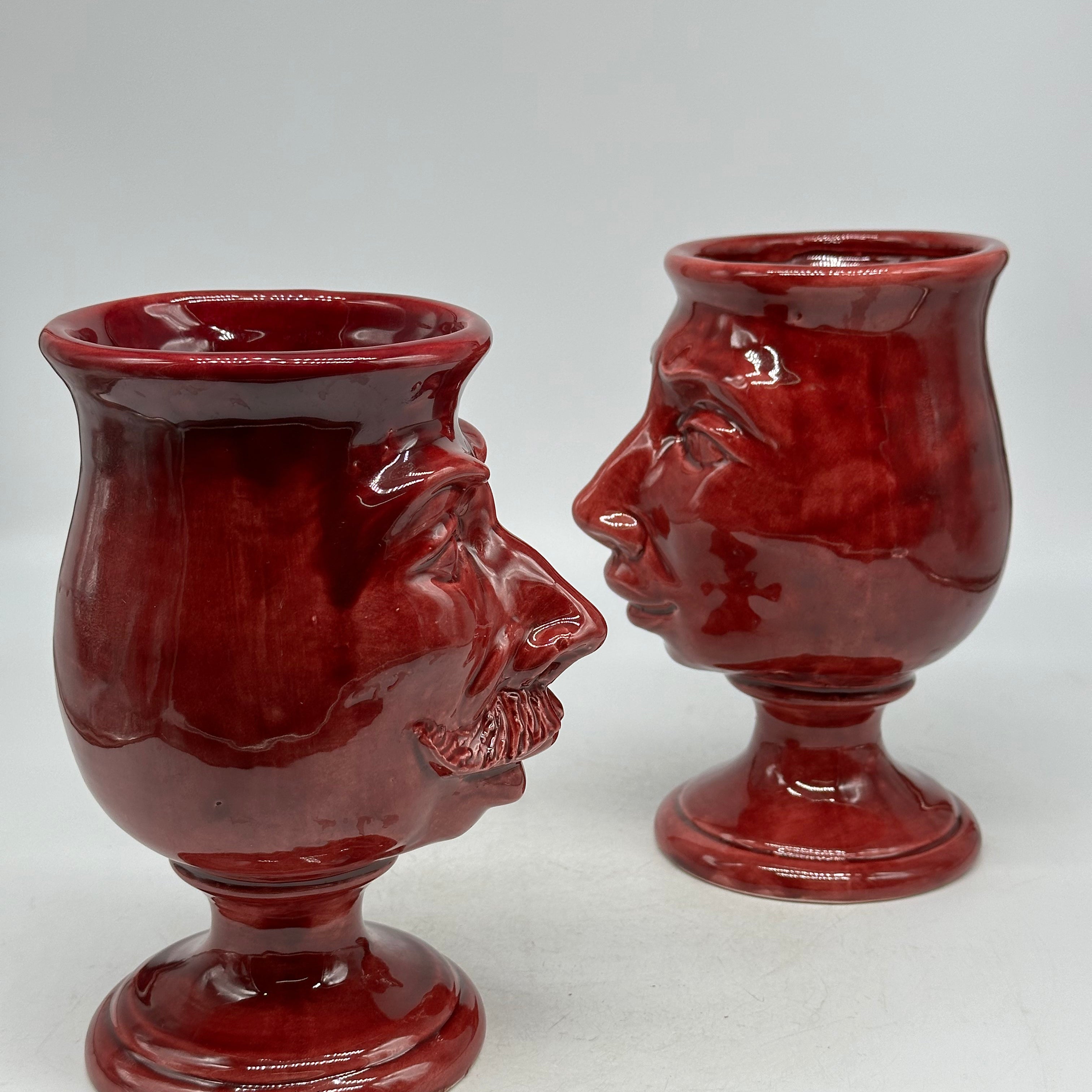 FINE SERIE - Coppia Teste di Moro Simpatiche Ceramica Caltagirone cm H.20 L.12 Artigianale Bordeaux - TESTE DI MORO