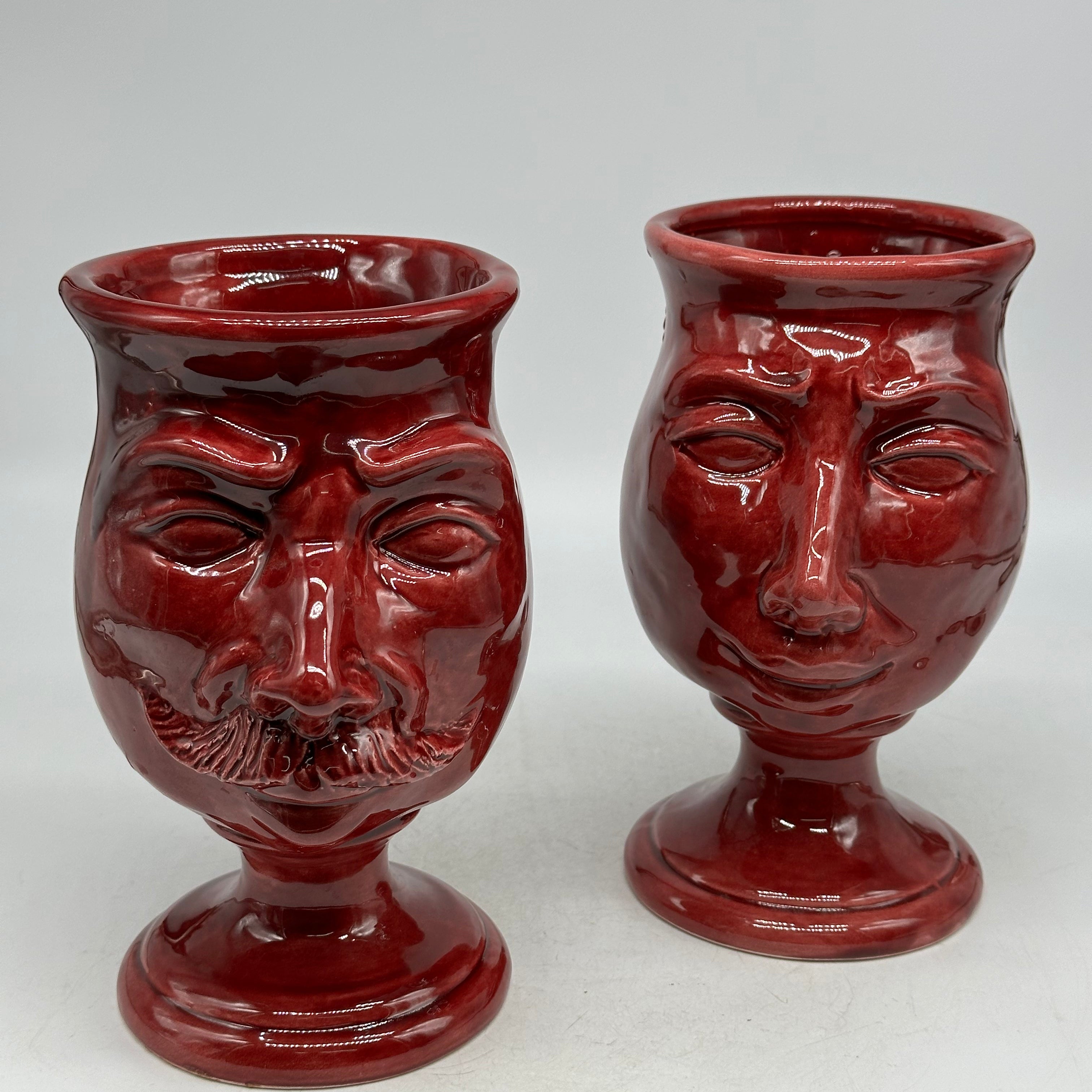 FINE SERIE - Coppia Teste di Moro Simpatiche Ceramica Caltagirone cm H.20 L.12 Artigianale Bordeaux - TESTE DI MORO