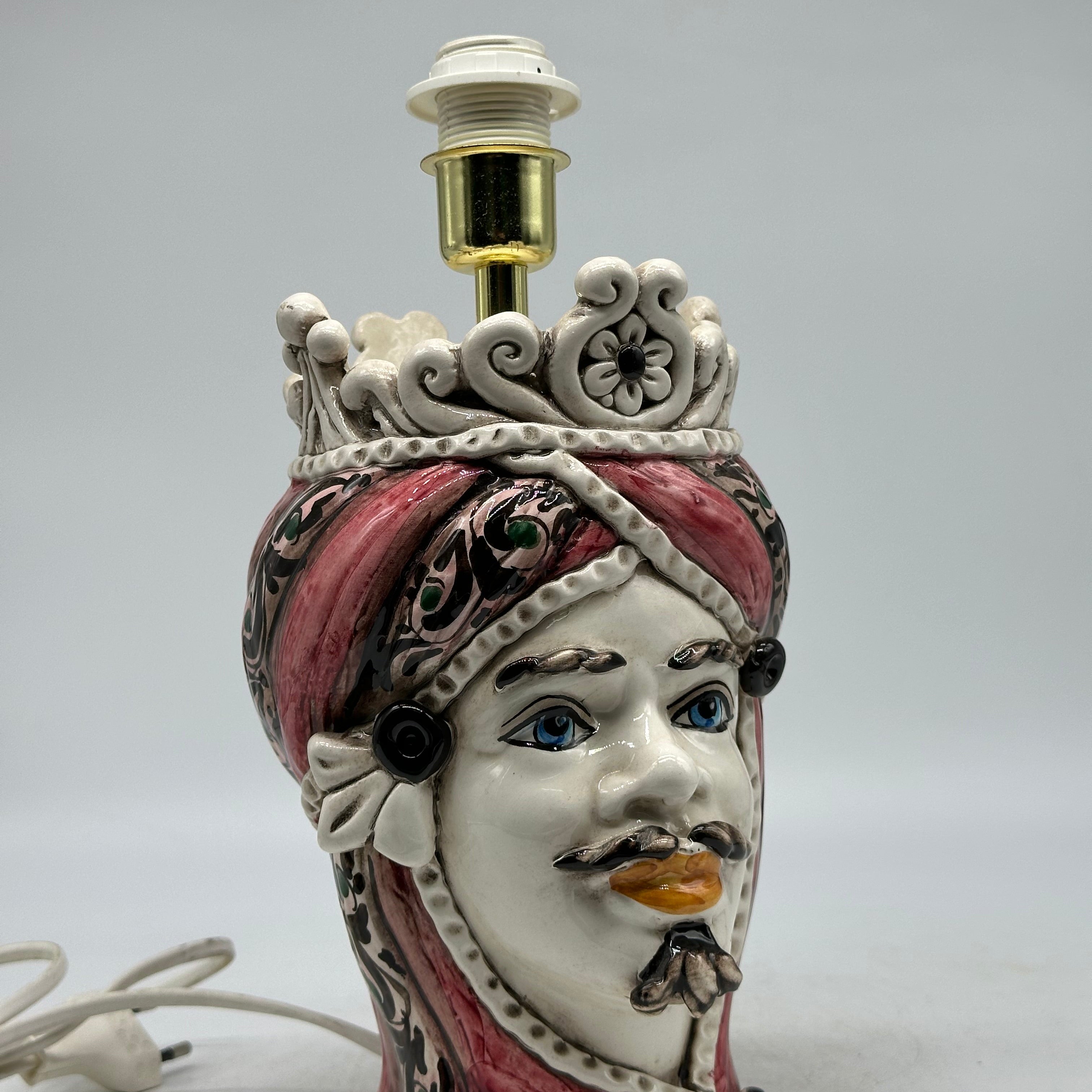 FINE SERIE - Lume Testa di Moro Uomo Moresca Ceramica Caltagirone cm H.22 L.13 Artigianale Decorazione Rosa - TESTE