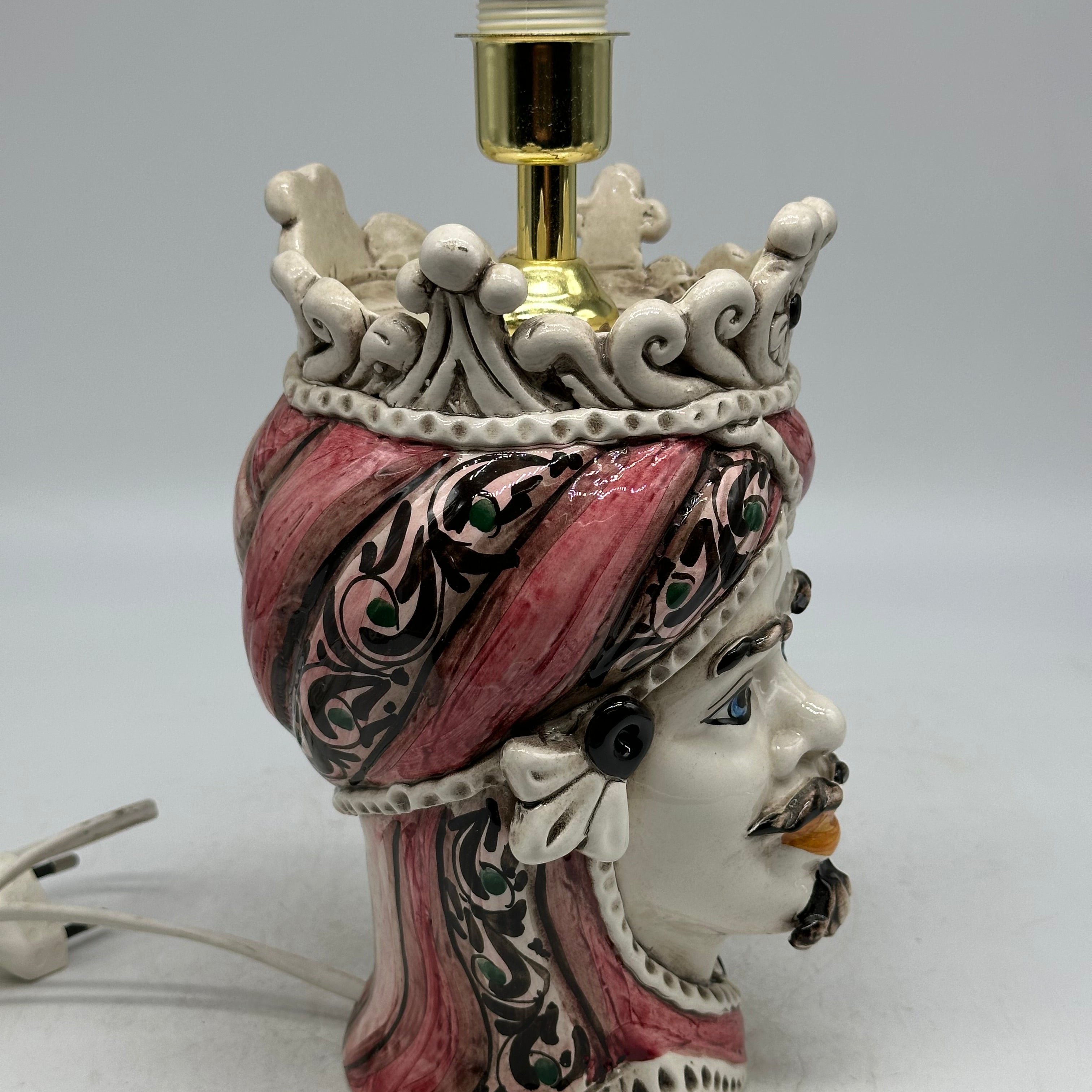 FINE SERIE - Lume Testa di Moro Uomo Moresca Ceramica Caltagirone cm H.22 L.13 Artigianale Decorazione Rosa - TESTE