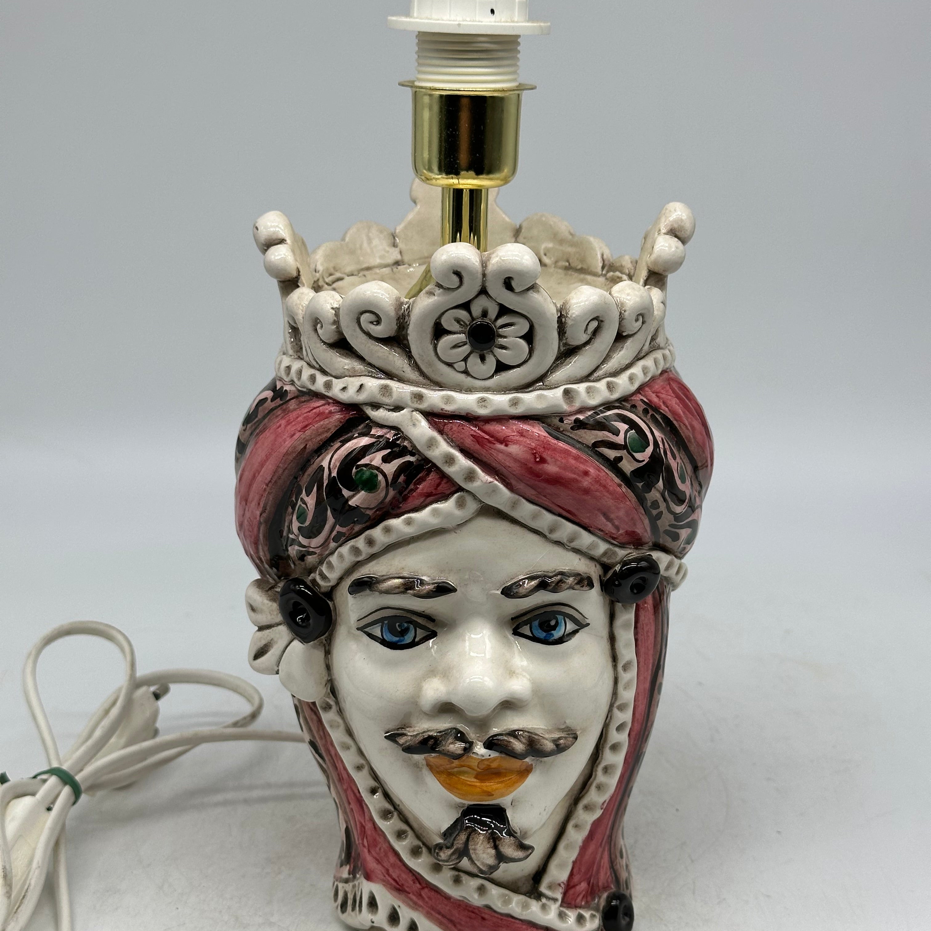 FINE SERIE - Lume Testa di Moro Uomo Moresca Ceramica Caltagirone cm H.22 L.13 Artigianale Decorazione Rosa - TESTE