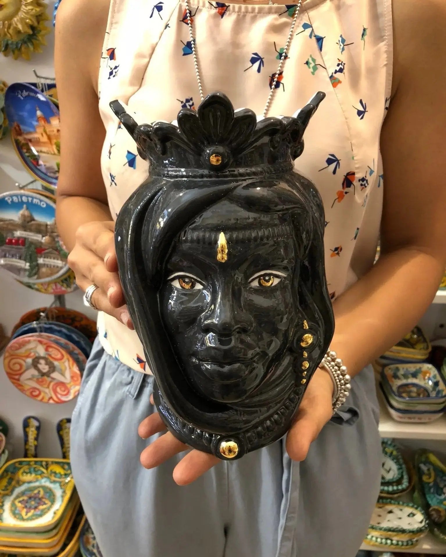 FINE SERIE - Testa di Moro Afro Donna Ceramica Caltagirone cm H.25 L.17 Artigianale Nero dettagli Oro - Donna - TESTA