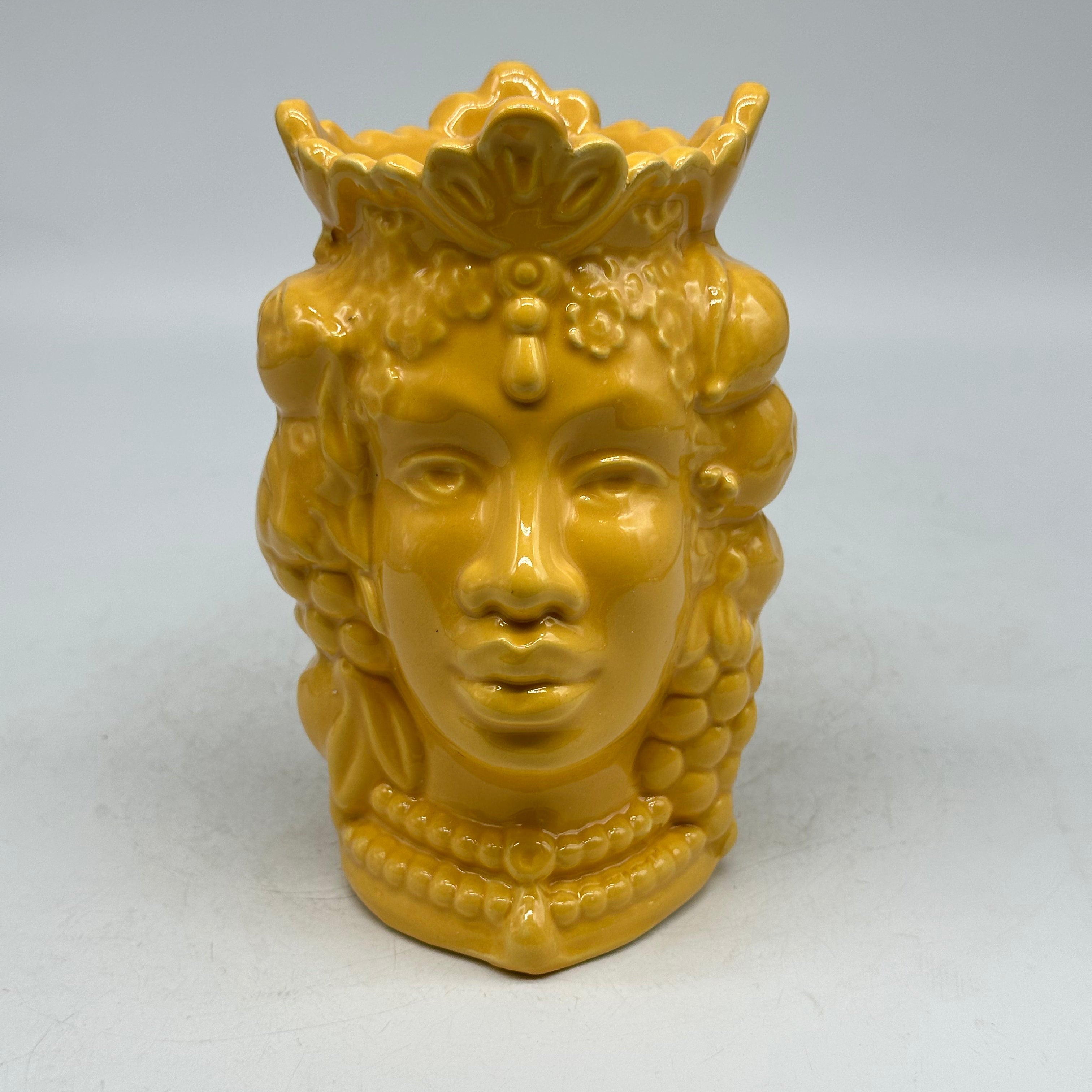 FINE SERIE - Testa di Moro Afro Frutta Donna Ceramica Caltagirone cm H.18 L.12 Artigianale Giallo - TESTE DI MORO