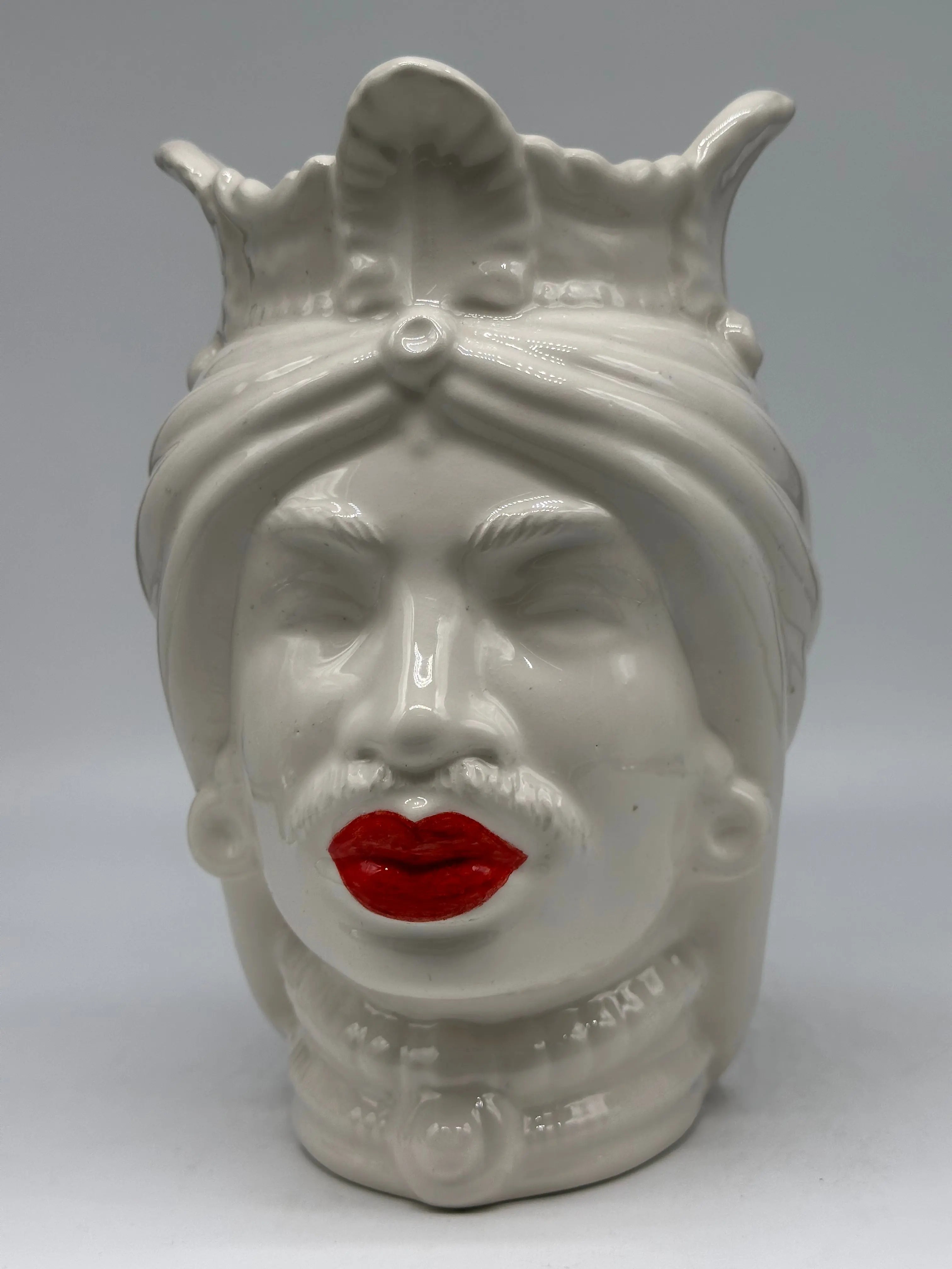 FINE SERIE - Testa di Moro Afro Uomo Ceramica Caltagirone cm H.25 L.17 Artigianale Bianco labbra Rosse DD CERAMICHE SICILIANE