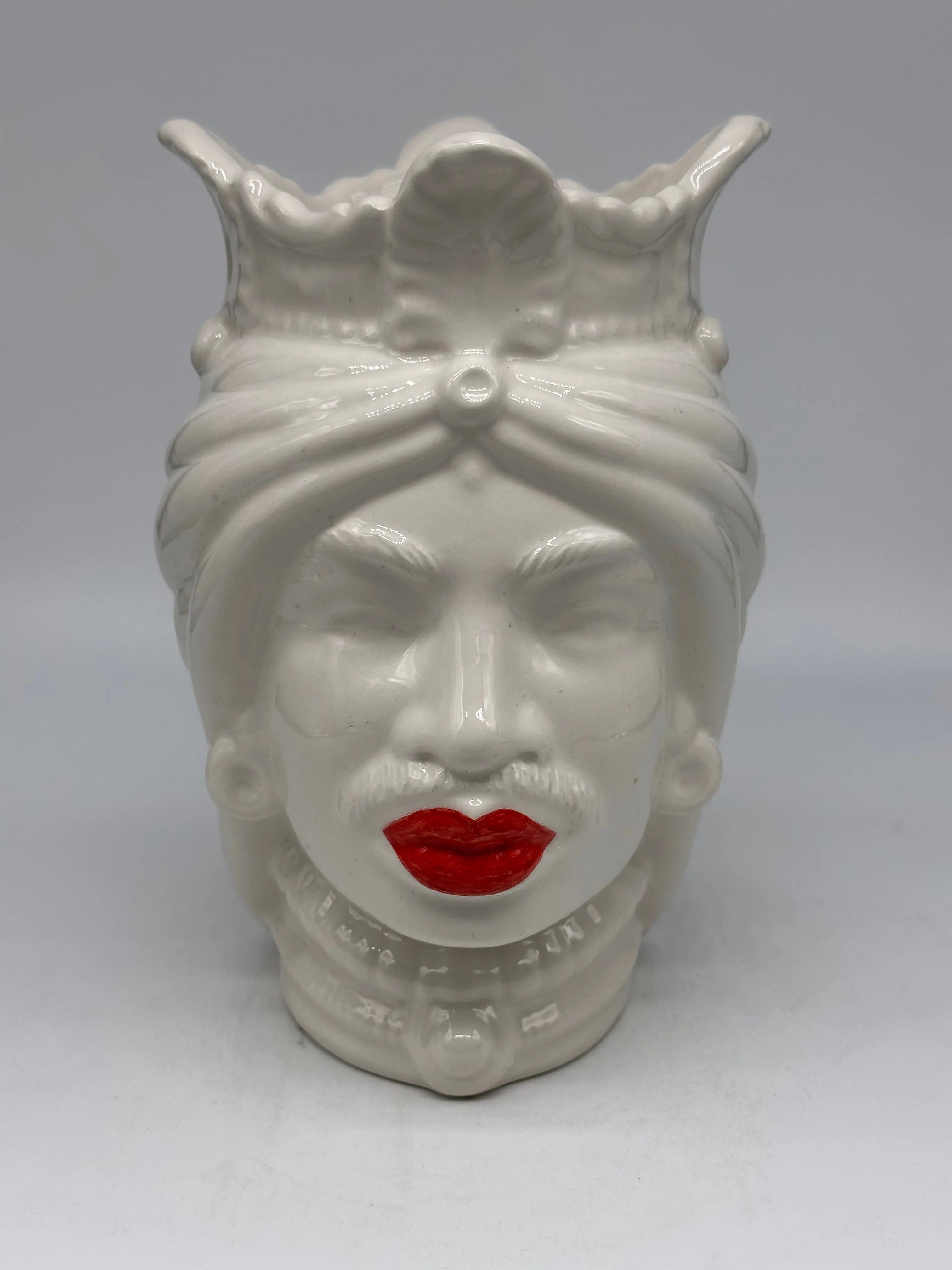 FINE SERIE - Testa di Moro Afro Uomo Ceramica Caltagirone cm H.25 L.17 Artigianale Bianco labbra Rosse DD CERAMICHE SICILIANE