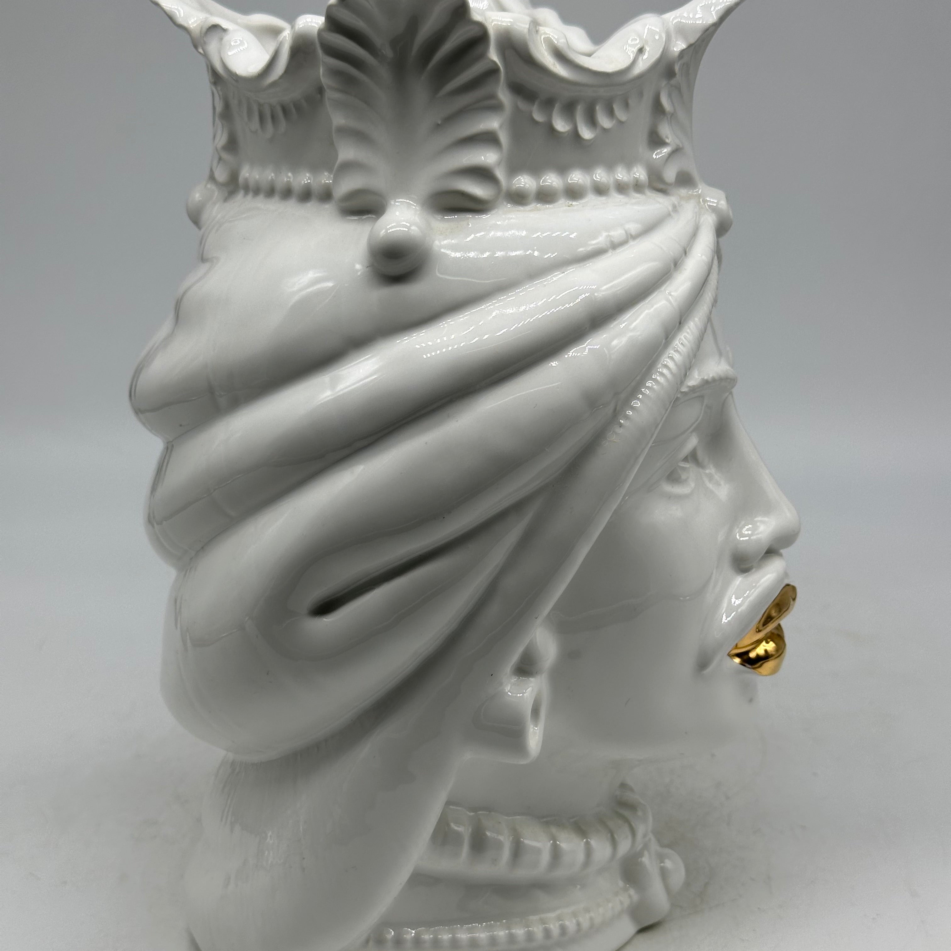 FINE SERIE - Testa di Moro Afro Uomo Ceramica Caltagirone cm H.25 L.17 Artigianale Bianco dettagli Oro - Uomo - TESTE