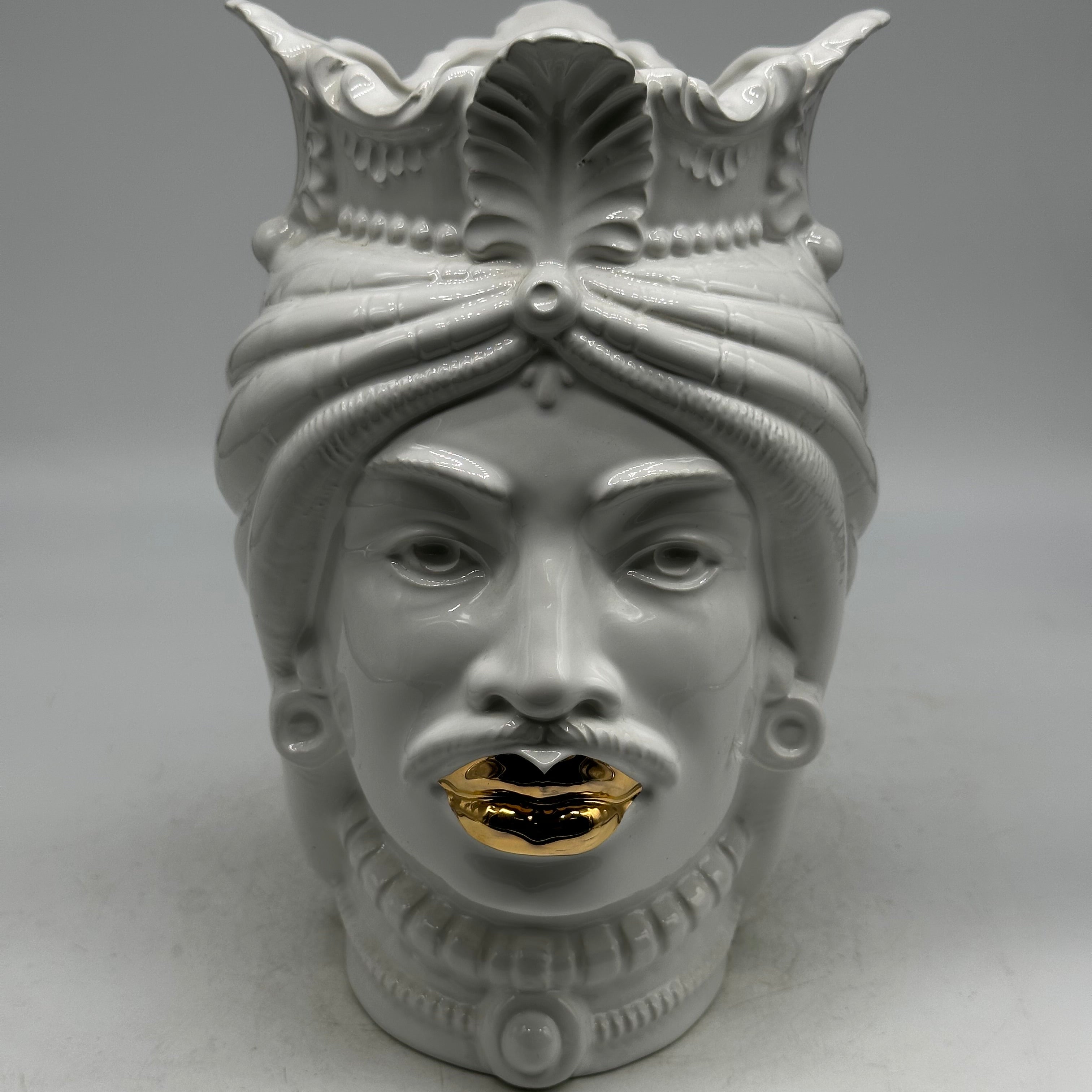 FINE SERIE - Testa di Moro Afro Uomo Ceramica Caltagirone cm H.25 L.17 Artigianale Bianco dettagli Oro - Uomo - TESTE