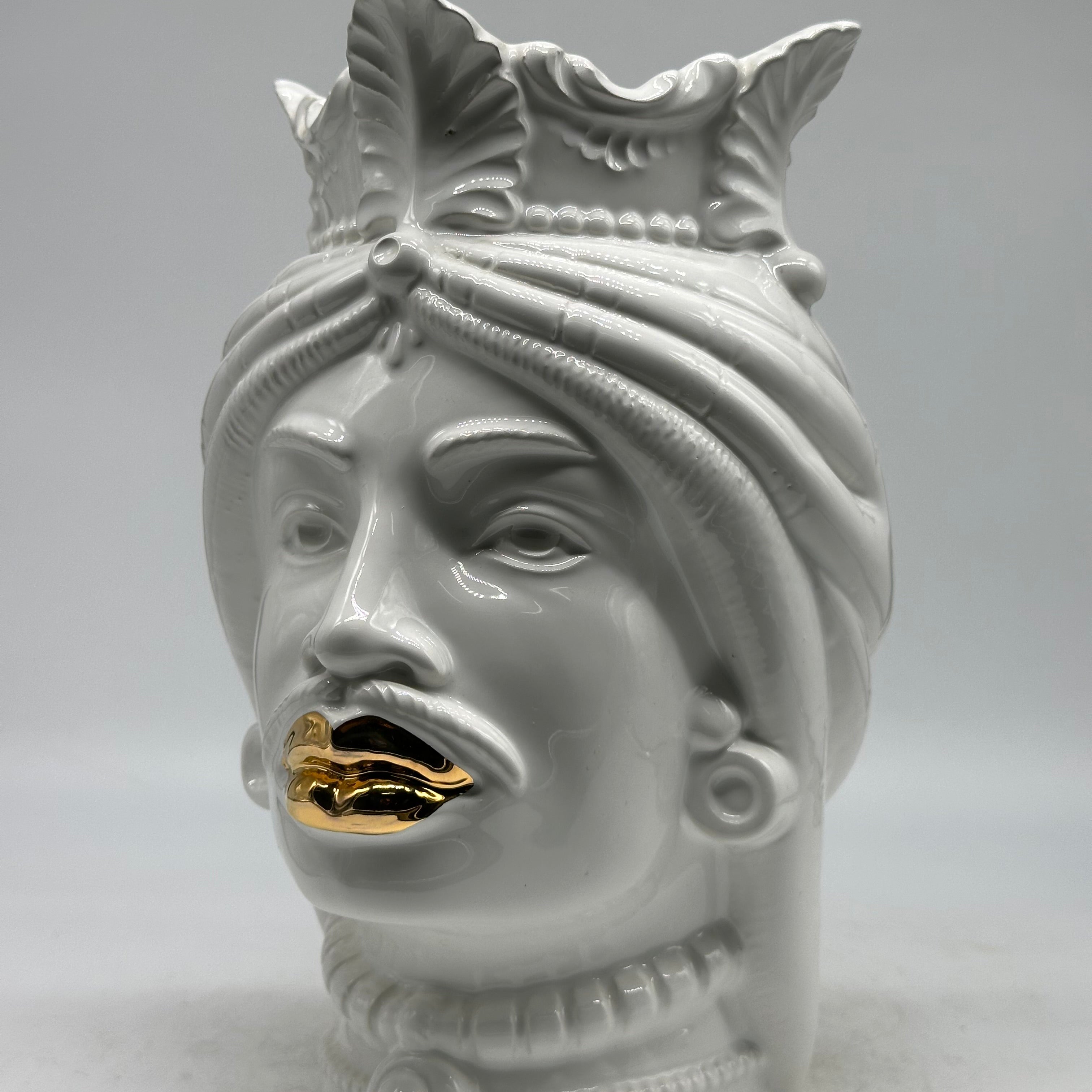 FINE SERIE - Testa di Moro Afro Uomo Ceramica Caltagirone cm H.25 L.17 Artigianale Bianco dettagli Oro - Uomo - TESTE