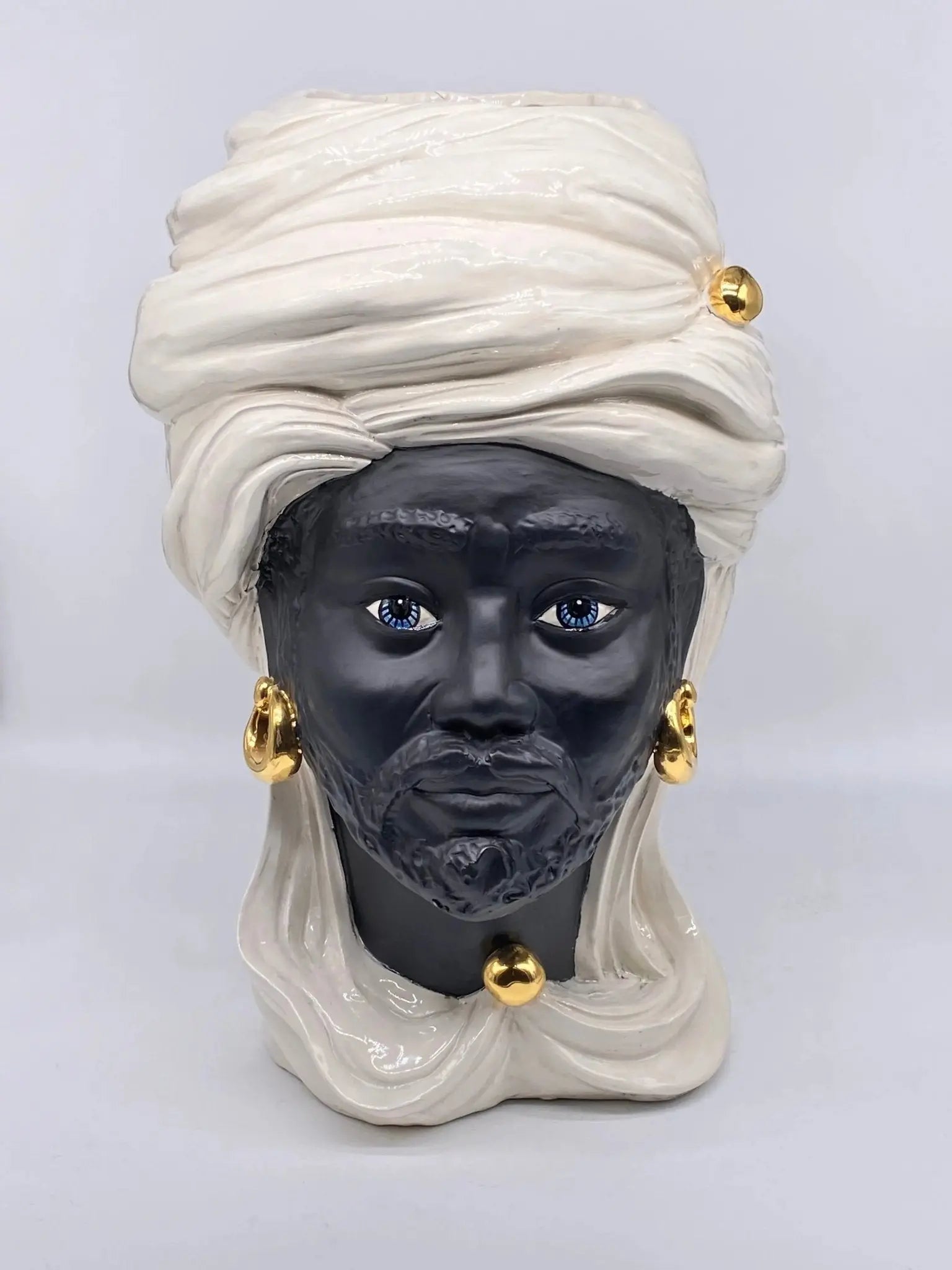 FINE SERIE - Testa di Moro Anubi Ceramica Caltagirone cm H.40 L.25 Artigianale Bianco Nero Oro - Uomo - TESTA DI MORO
