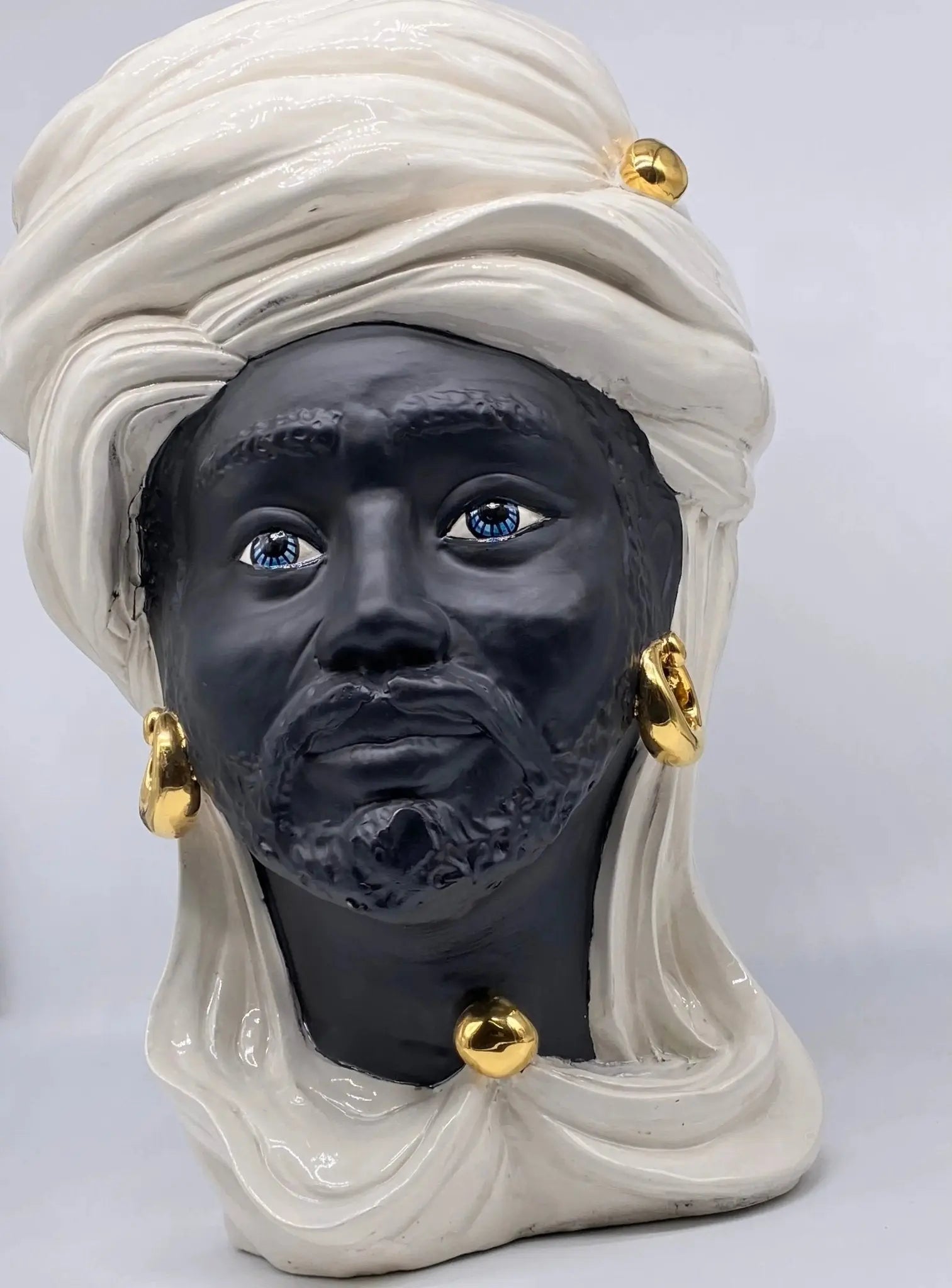 FINE SERIE - Testa di Moro Anubi Ceramica Caltagirone cm H.40 L.25 Artigianale Bianco Nero Oro - Uomo - TESTA DI MORO