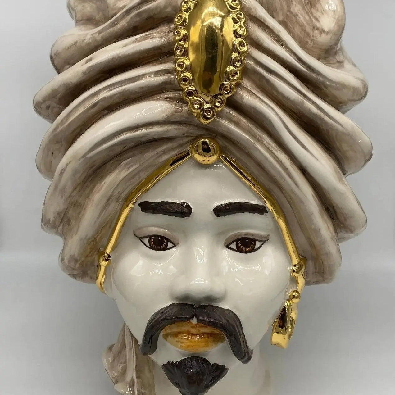 FINE SERIE - Testa di Moro Atena Ceramica Caltagirone cm H.40 L.28 Artigianale Écru Beige Oro - Uomo - TESTA DI MORO