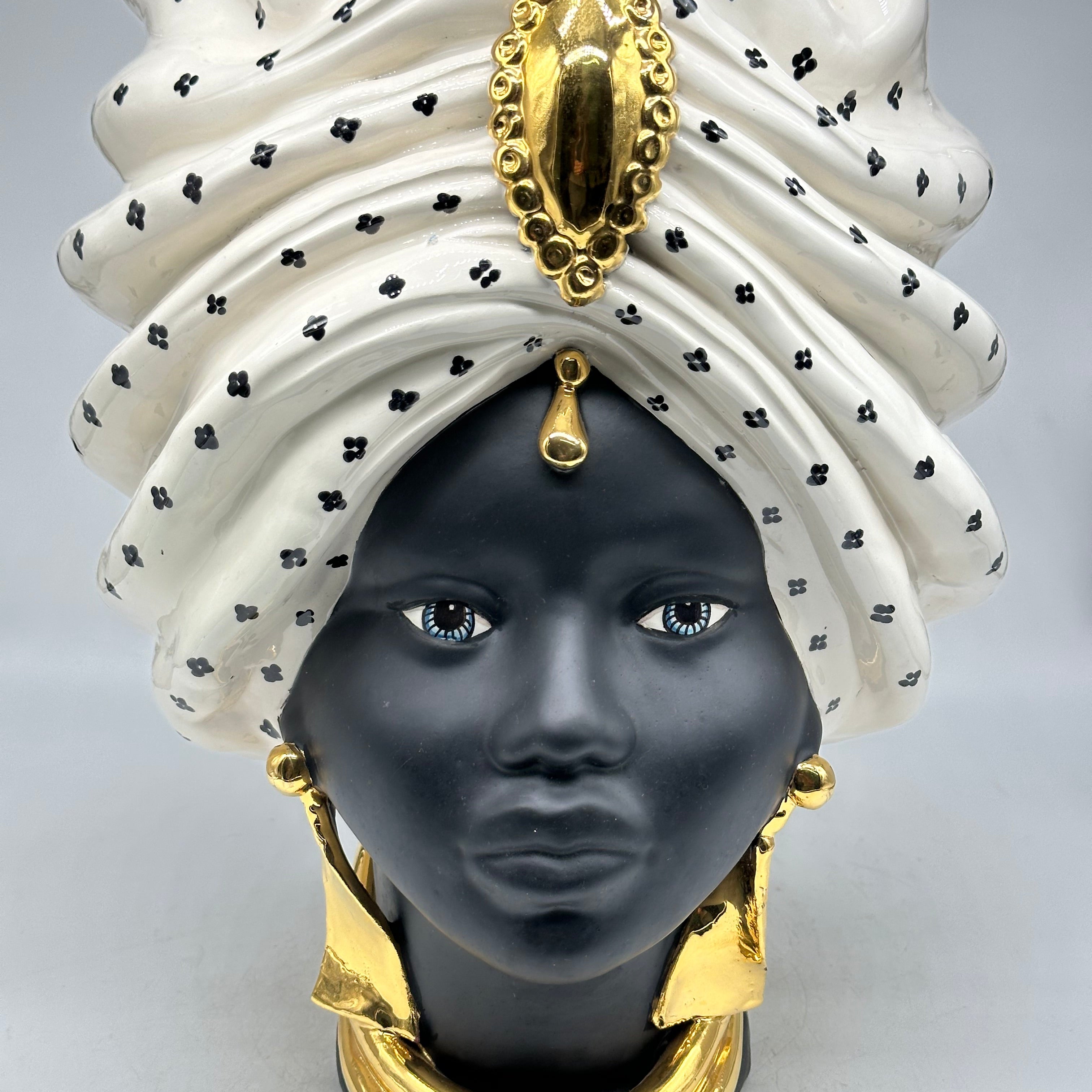 FINE SERIE - Testa di Moro Atena Donna Ceramica Caltagirone cm H.40 L.28 Artigianale Bianco Nero Oro - Donna - TESTE