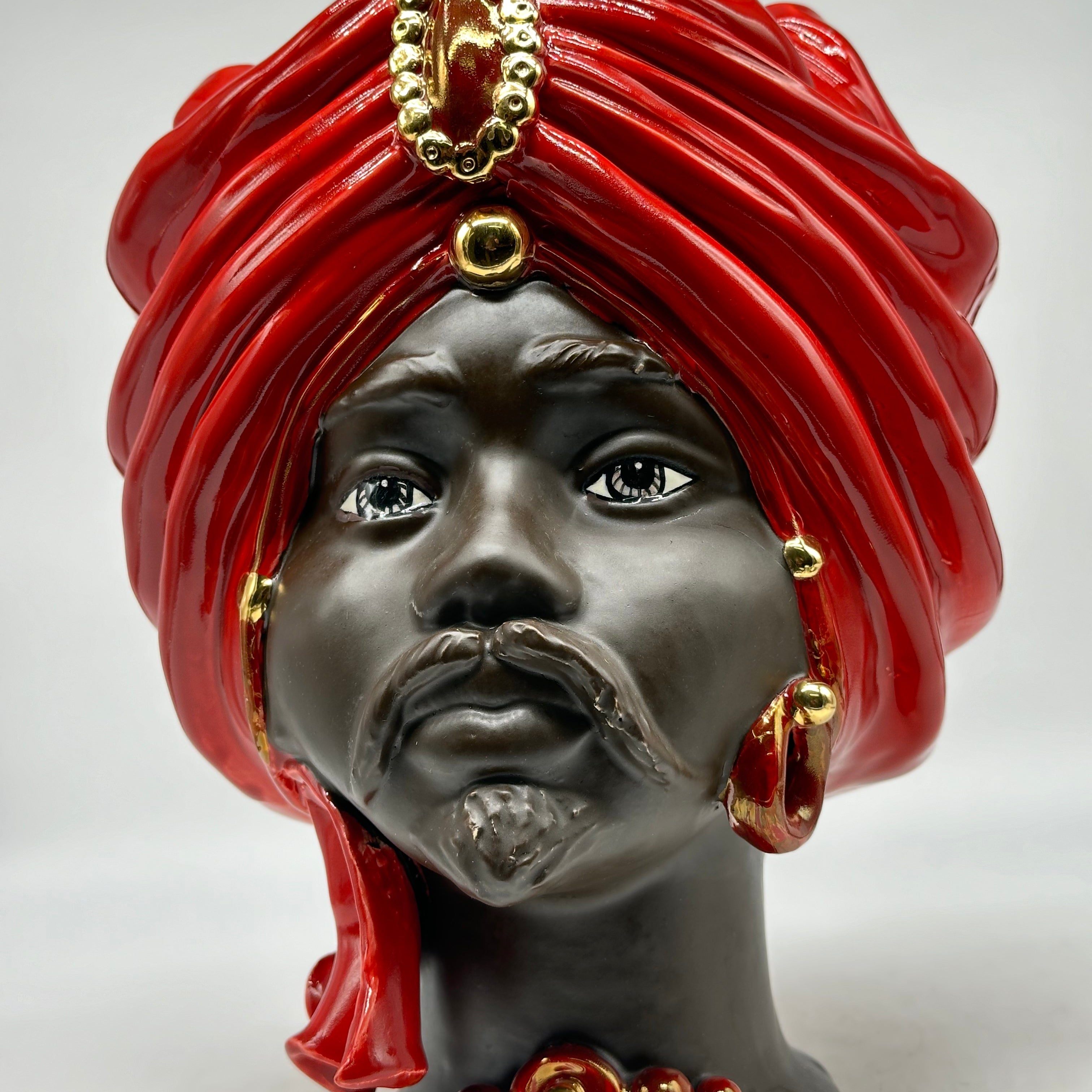FINE SERIE - Testa di Moro Atena Uomo Ceramica Caltagirone cm H.30 L.23 Artigianale Rosso Marrone - TESTE DI MORO