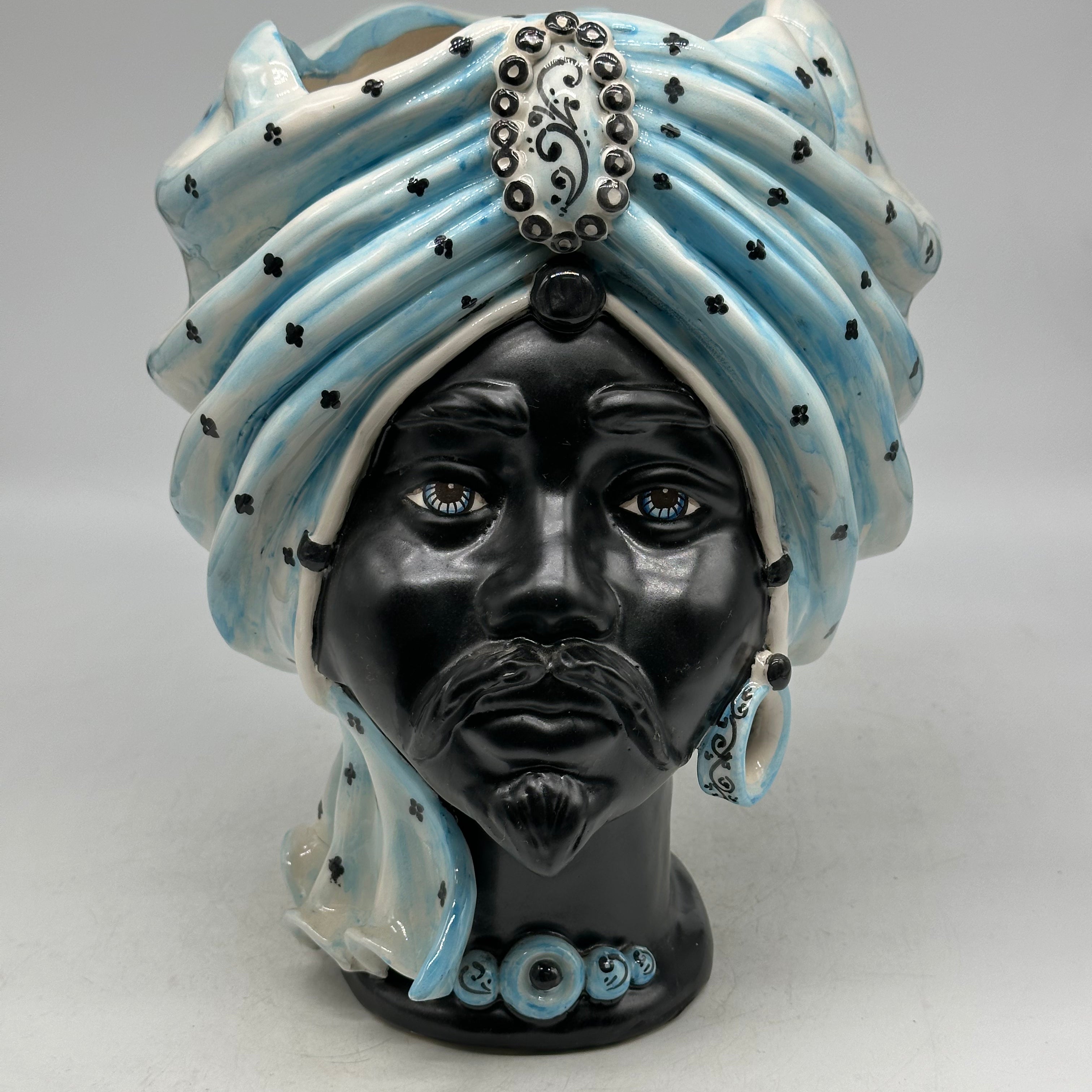 FINE SERIE - Testa di Moro Atena Uomo Ceramica Caltagirone cm H.30 L.23 Artigianale Celeste Pois Nero - TESTE DI MORO