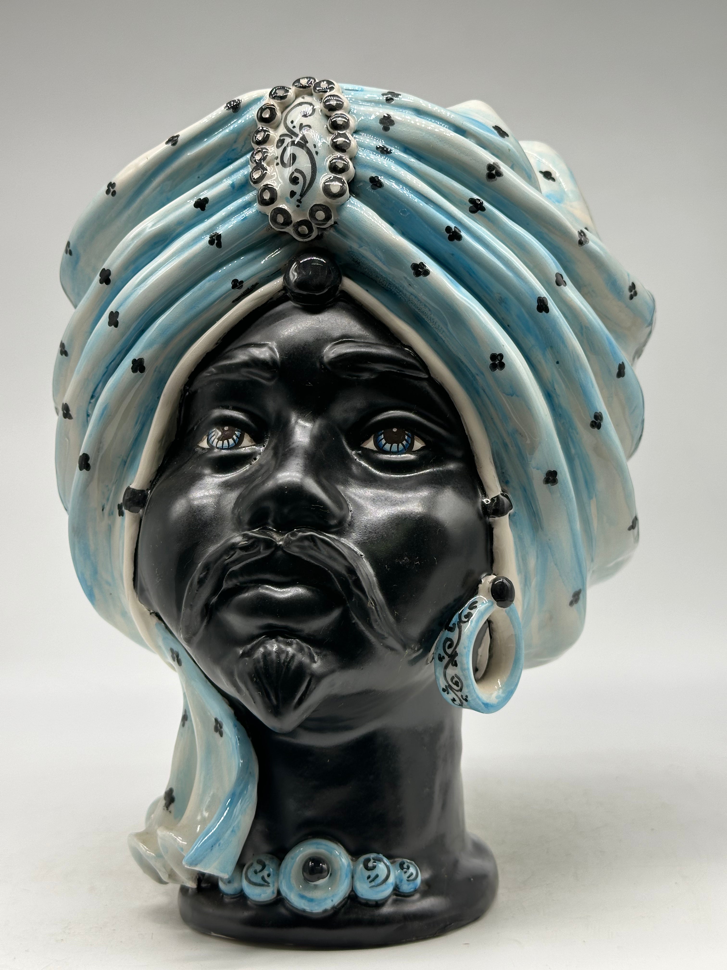 FINE SERIE - Testa di Moro Atena Uomo Ceramica Caltagirone cm H.30 L.23 Artigianale Celeste Pois Nero - TESTE DI MORO