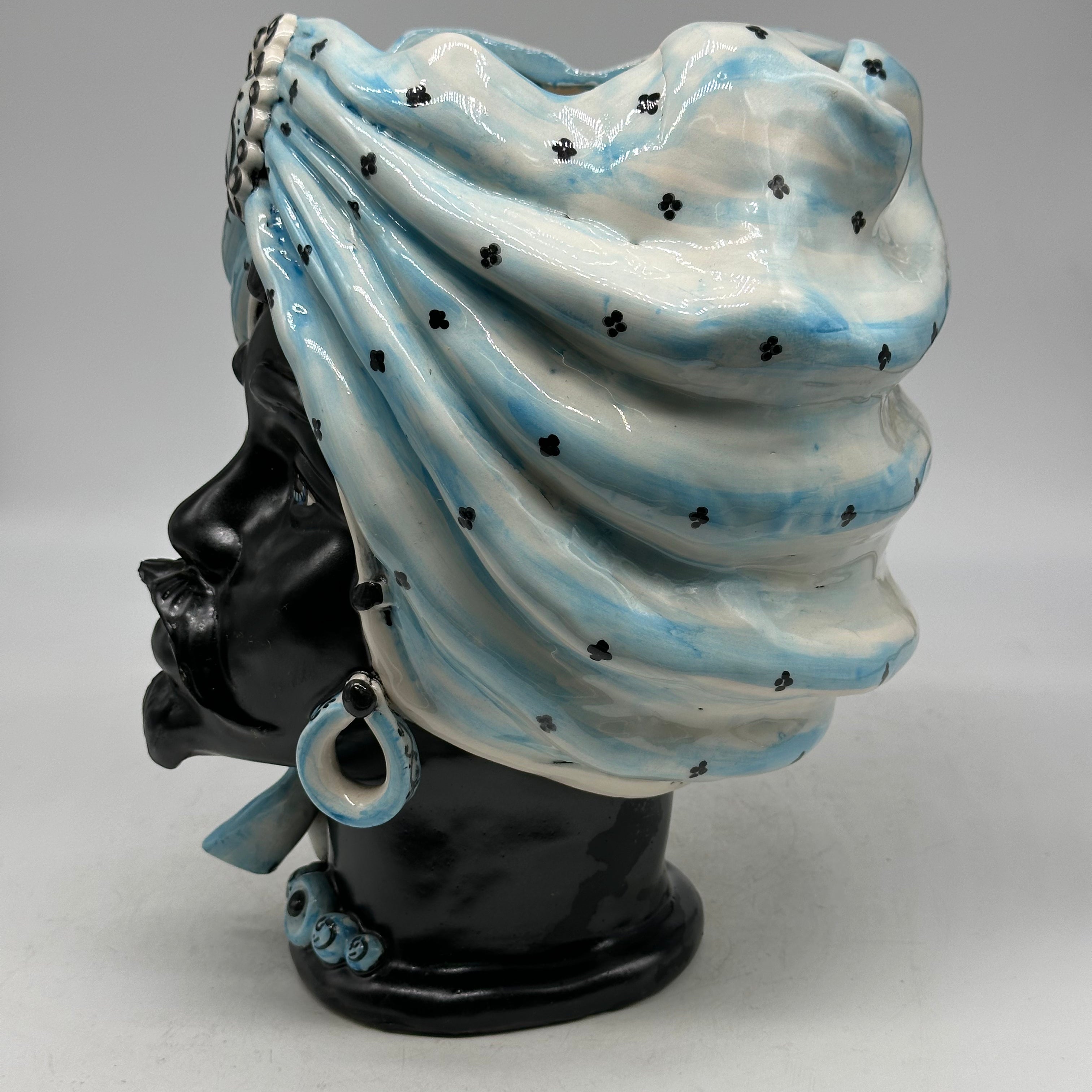 FINE SERIE - Testa di Moro Atena Uomo Ceramica Caltagirone cm H.30 L.23 Artigianale Celeste Pois Nero - TESTE DI MORO