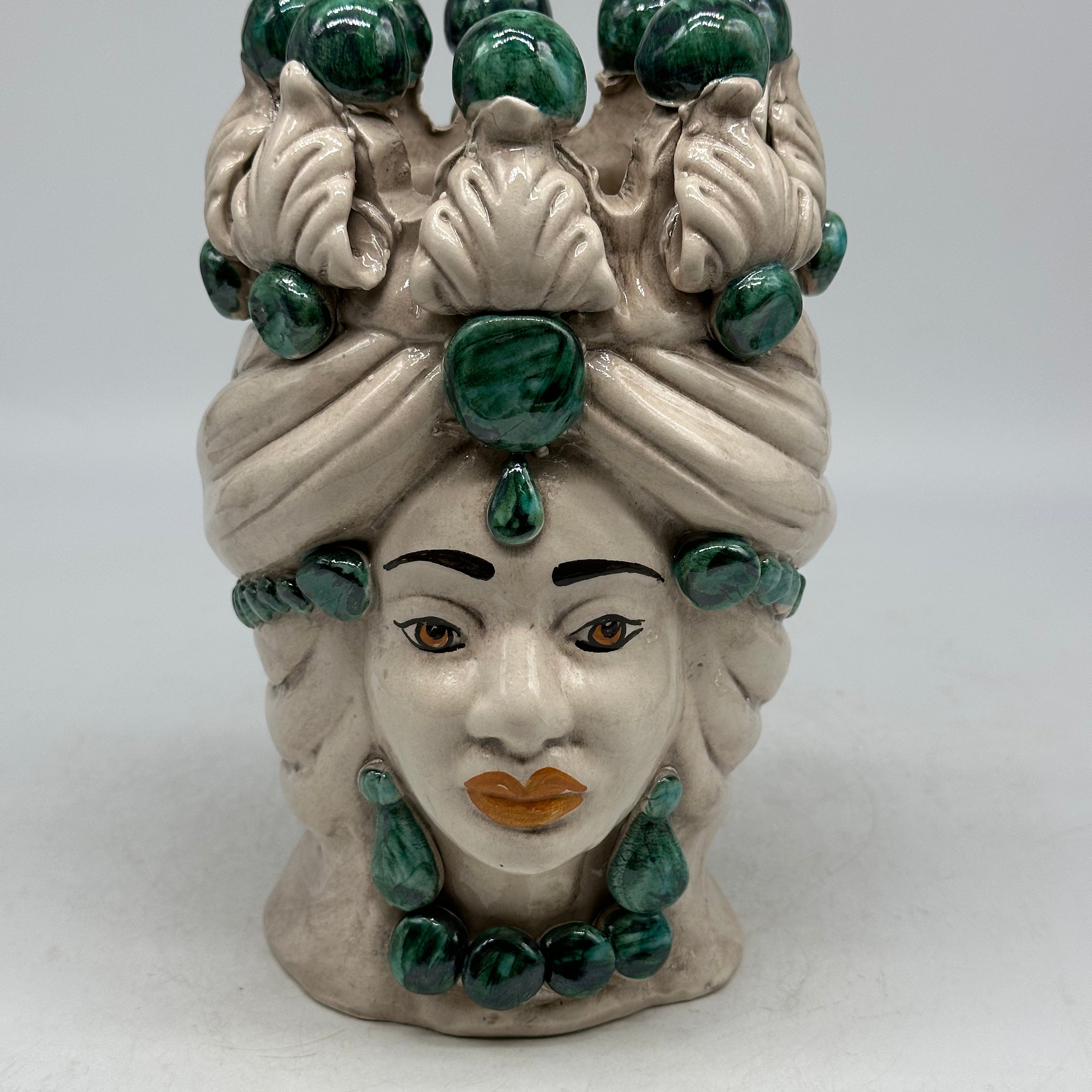 FINE SERIE - Testa di Moro Donna Corona Sfere Verde Ceramica Caltagirone cm H.20 L.12 Artigianale - TESTE DI MORO