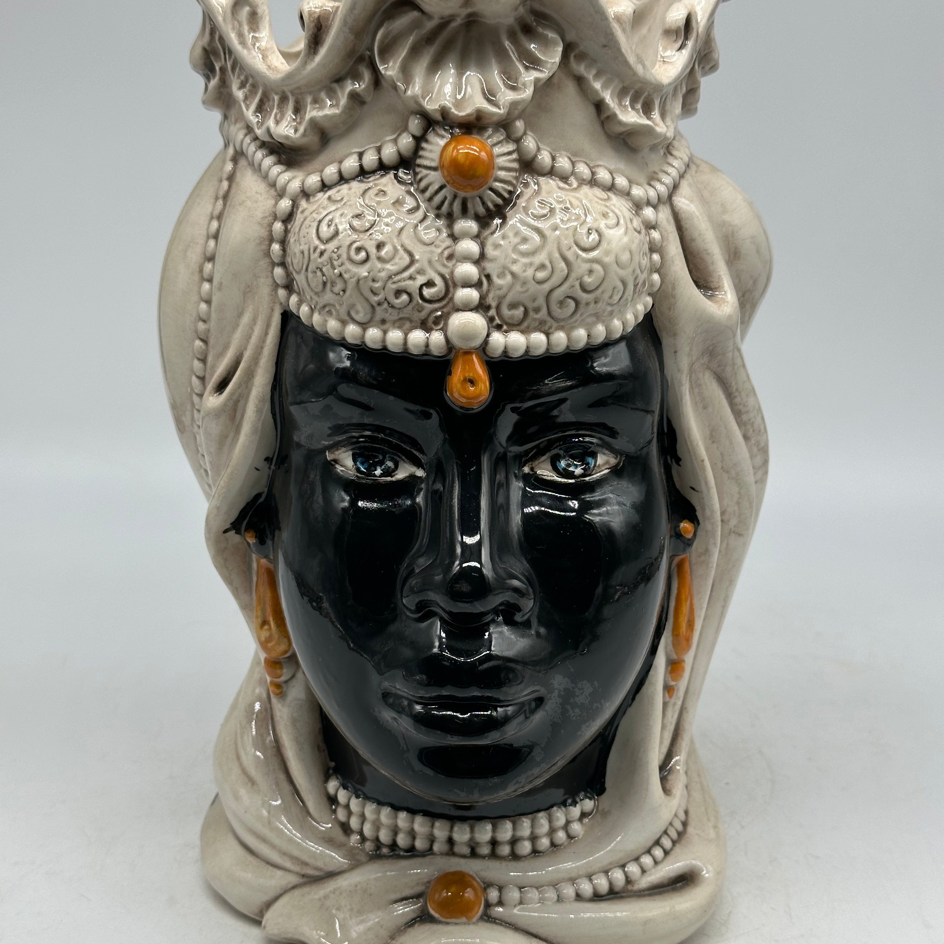FINE SERIE - Testa di Moro Emiro Donna Ceramica Caltagirone cm H.30 L.18 Artigianale Ecru Sfere Arancio - Donna - TESTE